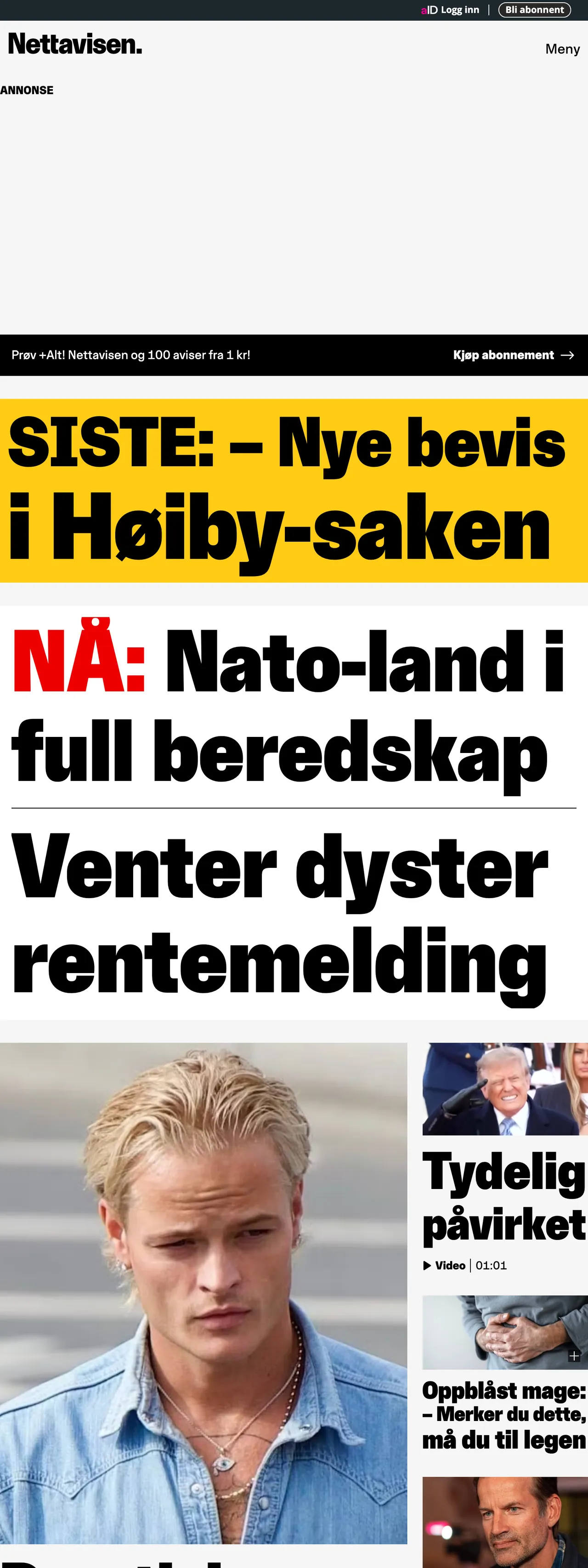 Screenshot of the Nettavisen front page