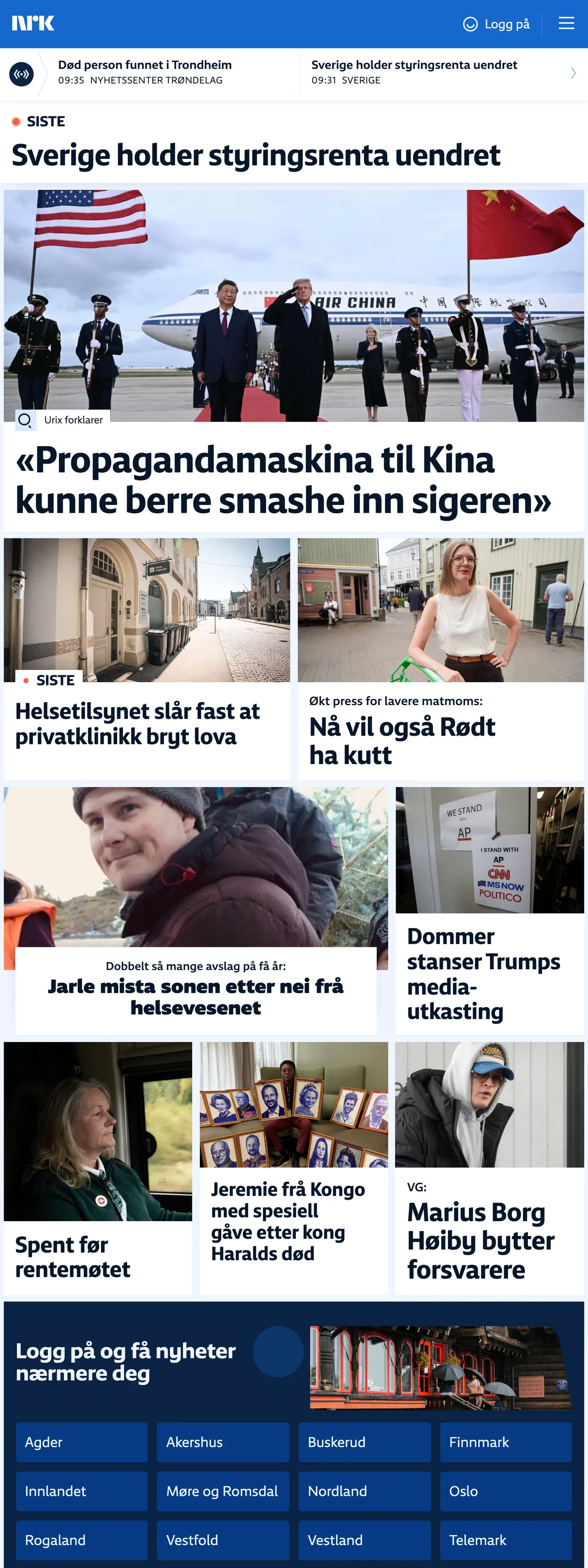 Screenshot of the NRK front page