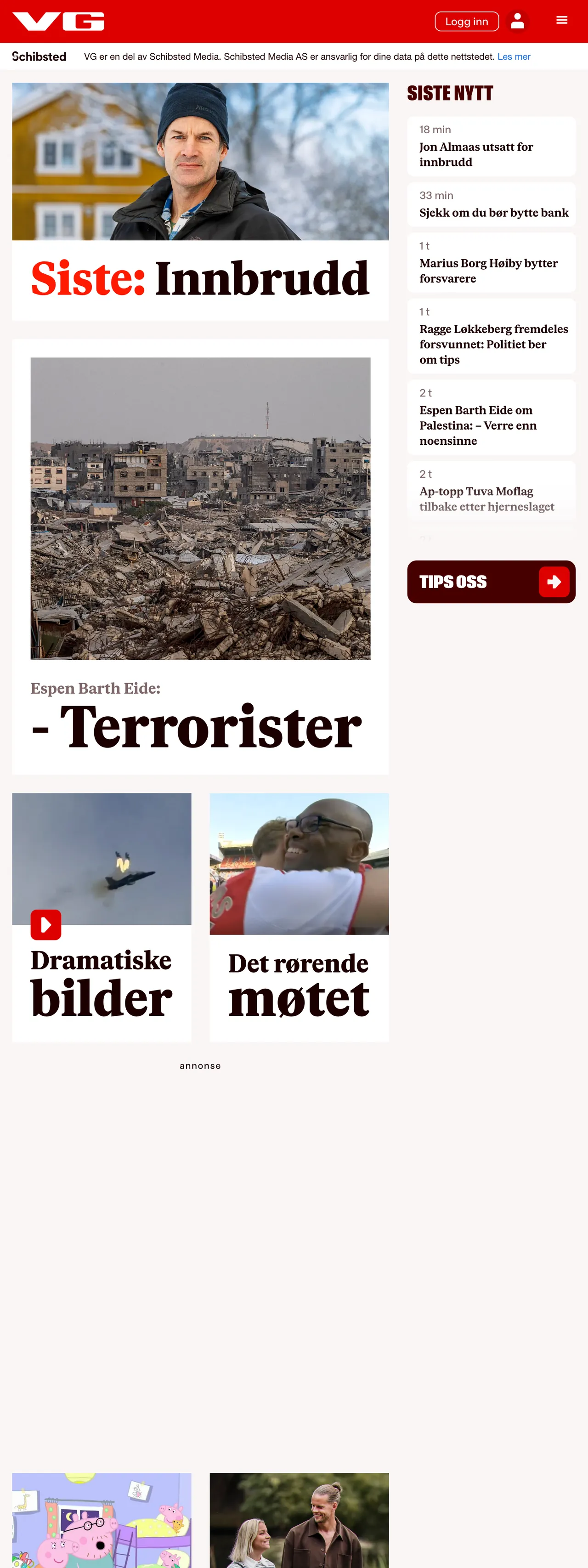 Screenshot of the VG front page