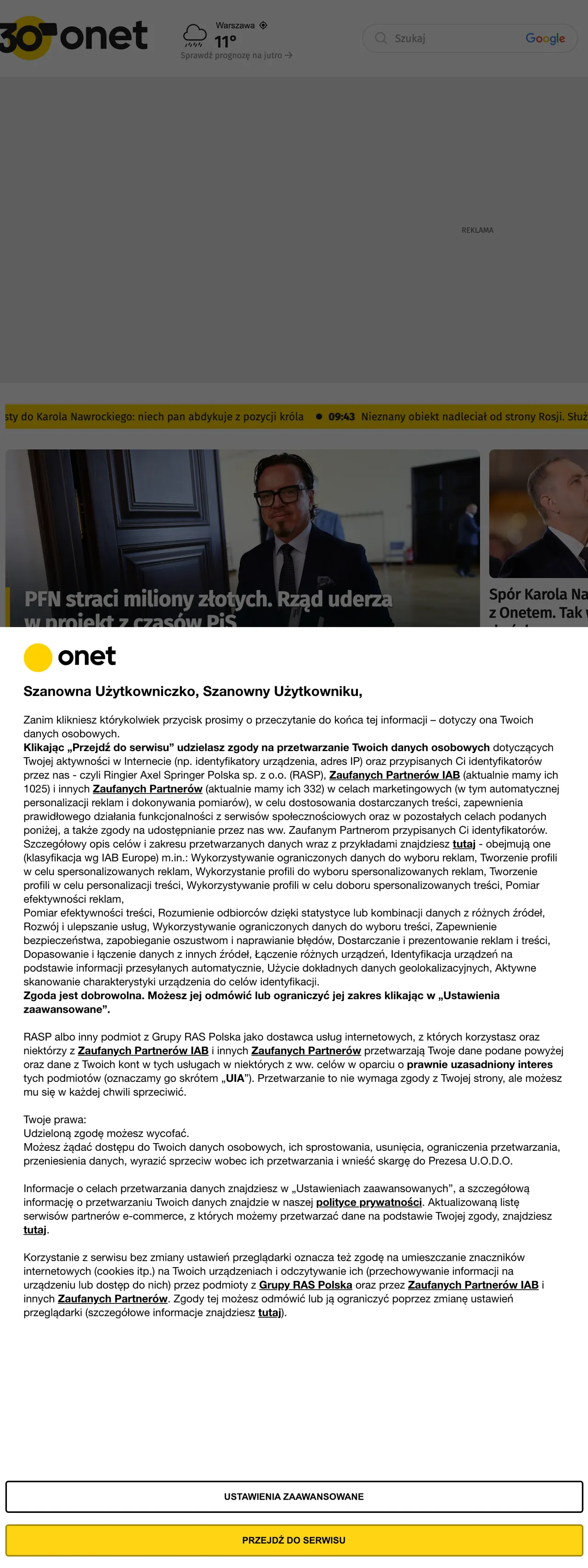 Screenshot of the Onet front page