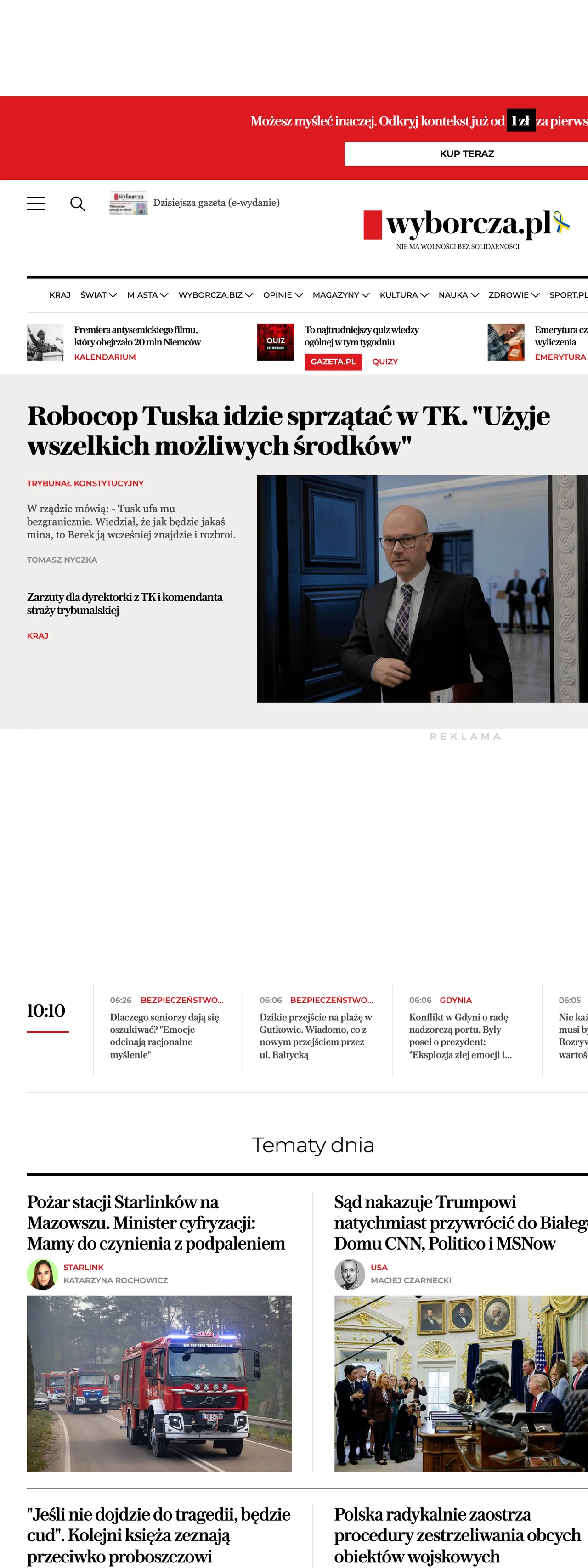 Screenshot of the Wyborcza front page