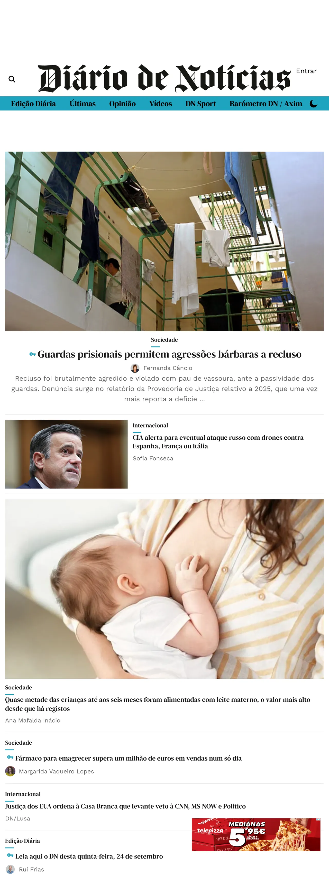 Screenshot of the Diário de Notícias front page