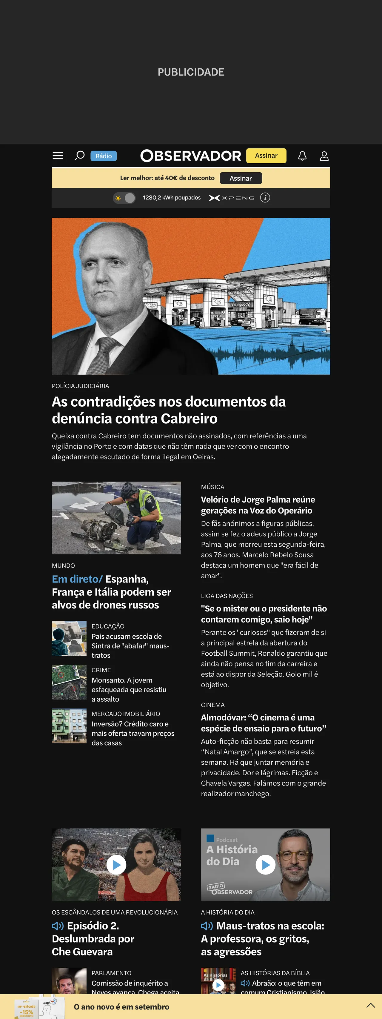 Screenshot of the Observador front page