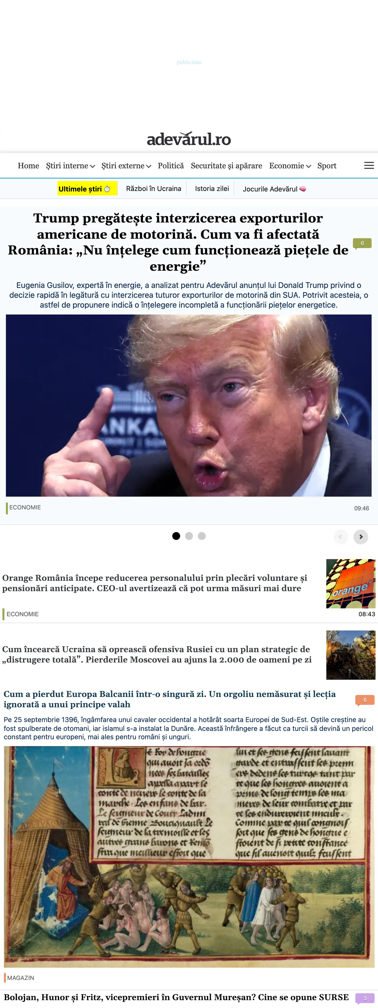 Screenshot of the Adevărul front page