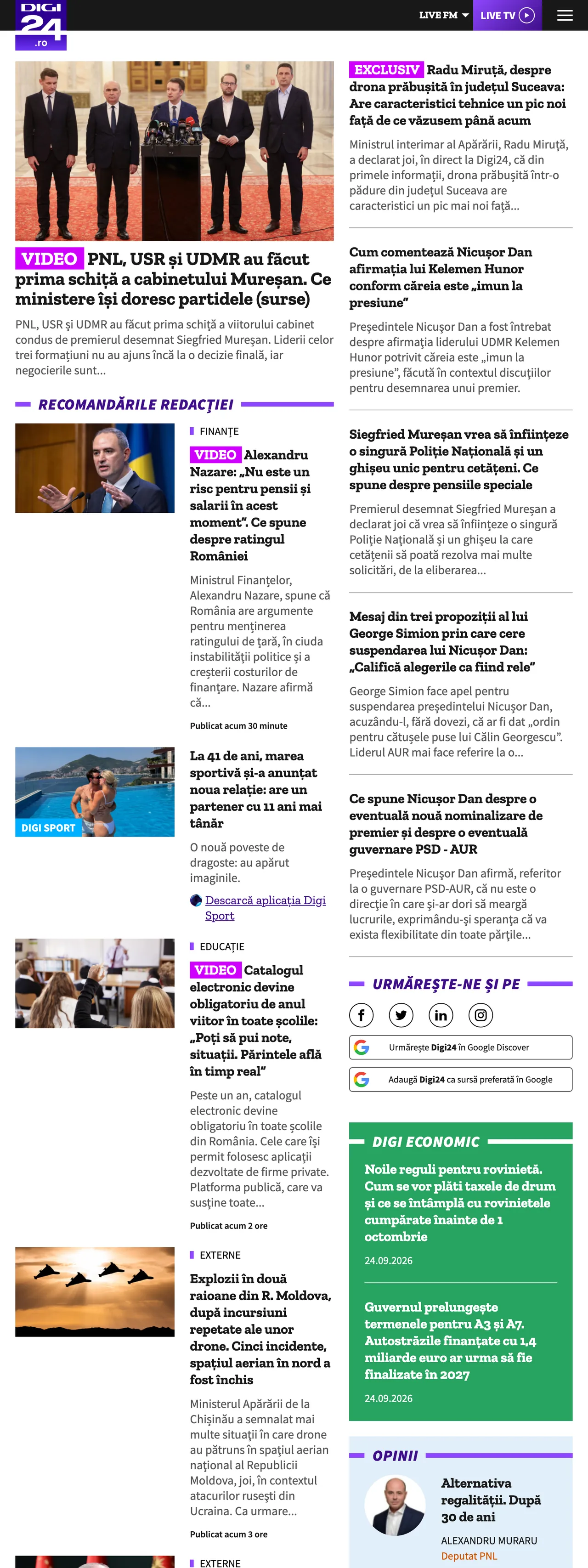 Screenshot of the Digi24 front page