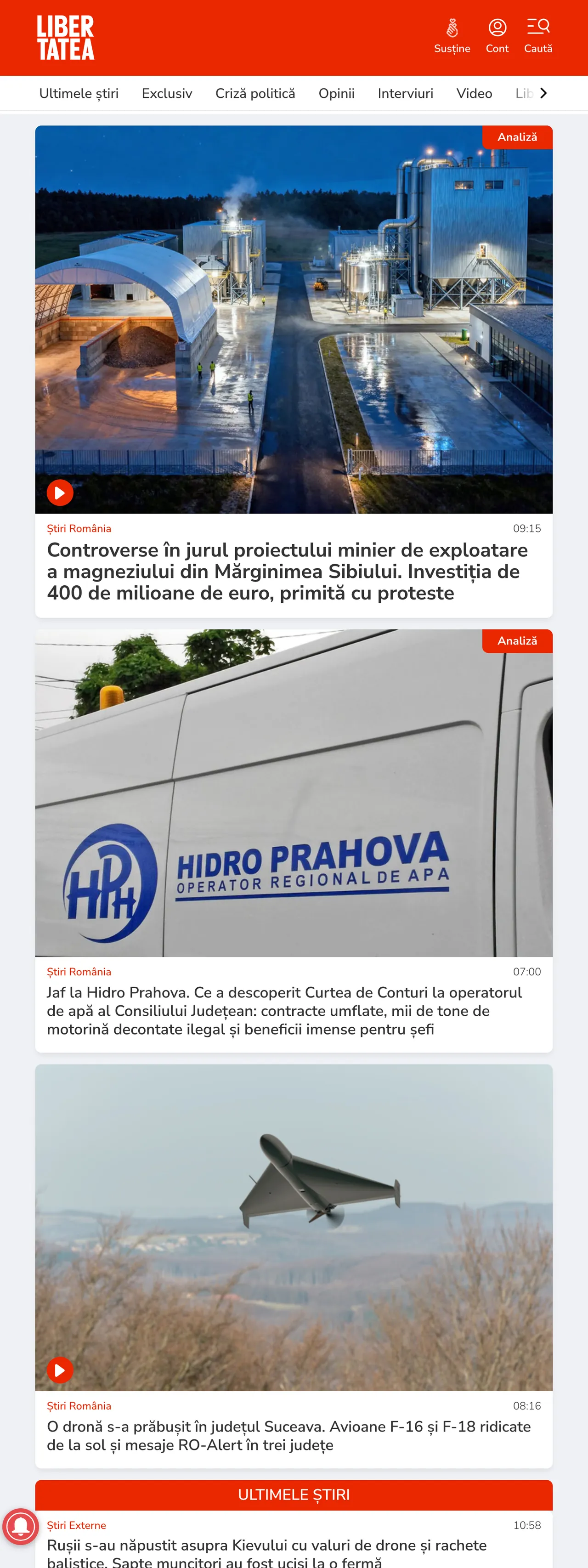 Screenshot of the Libertatea front page
