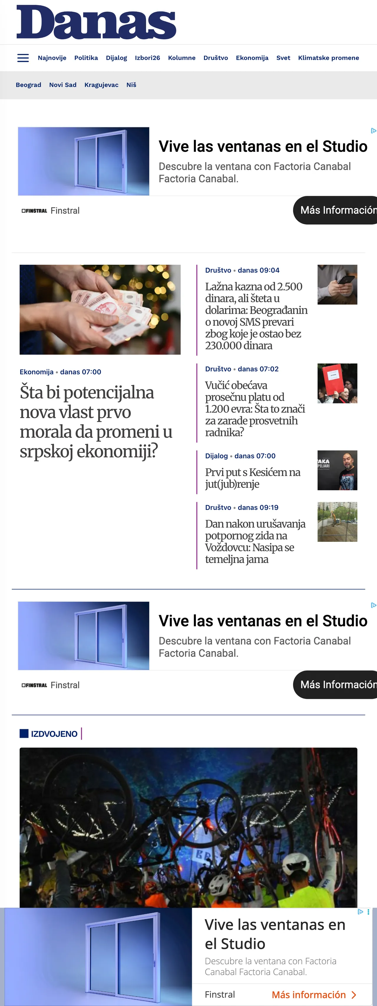 Screenshot of the Danas front page