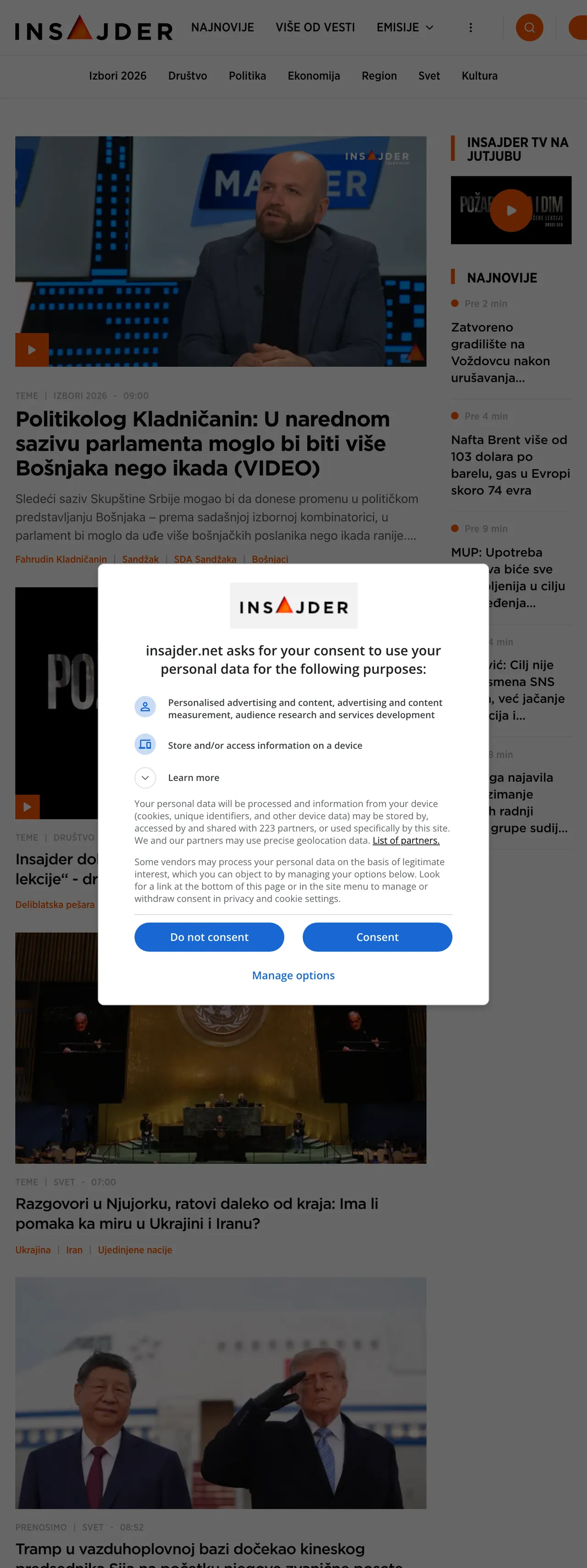 Screenshot of the Insajder front page
