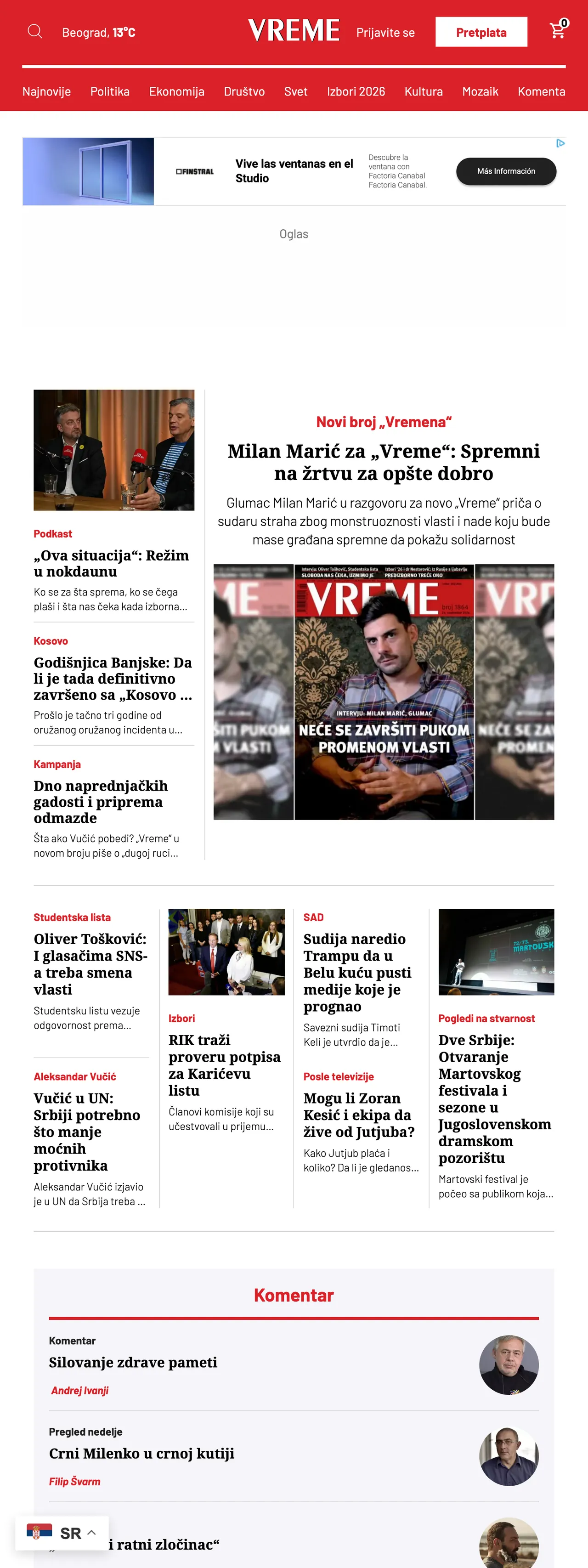 Screenshot of the Vreme front page