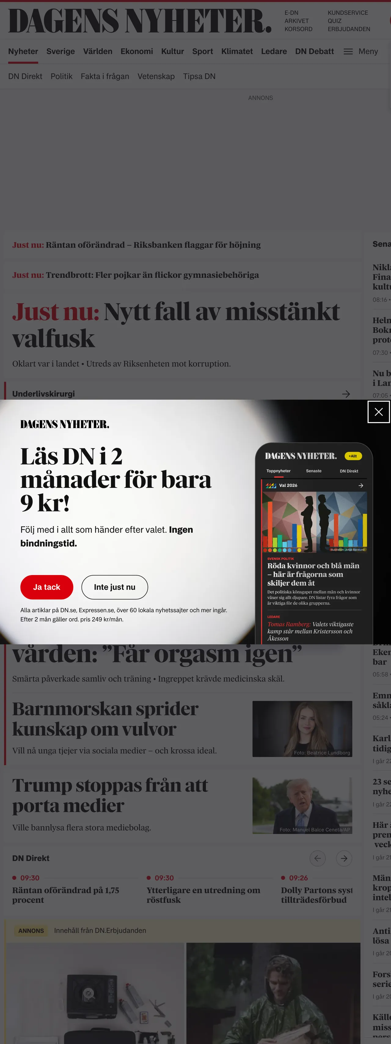 Screenshot of the Dagens Nyheter front page