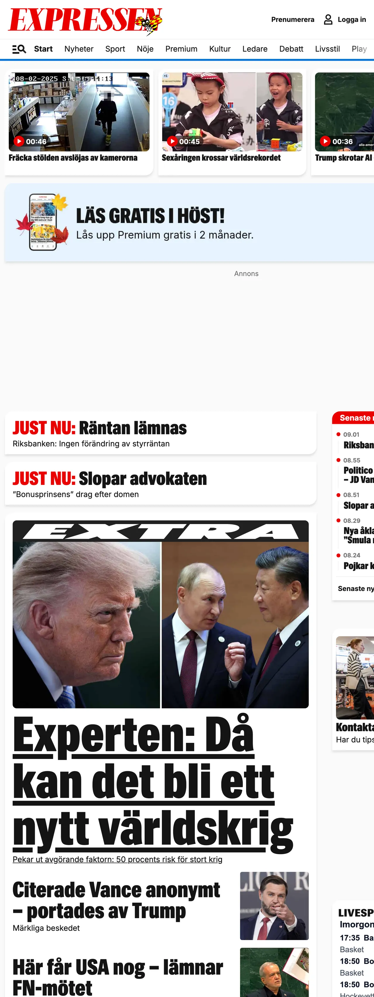 Screenshot of the Expressen front page