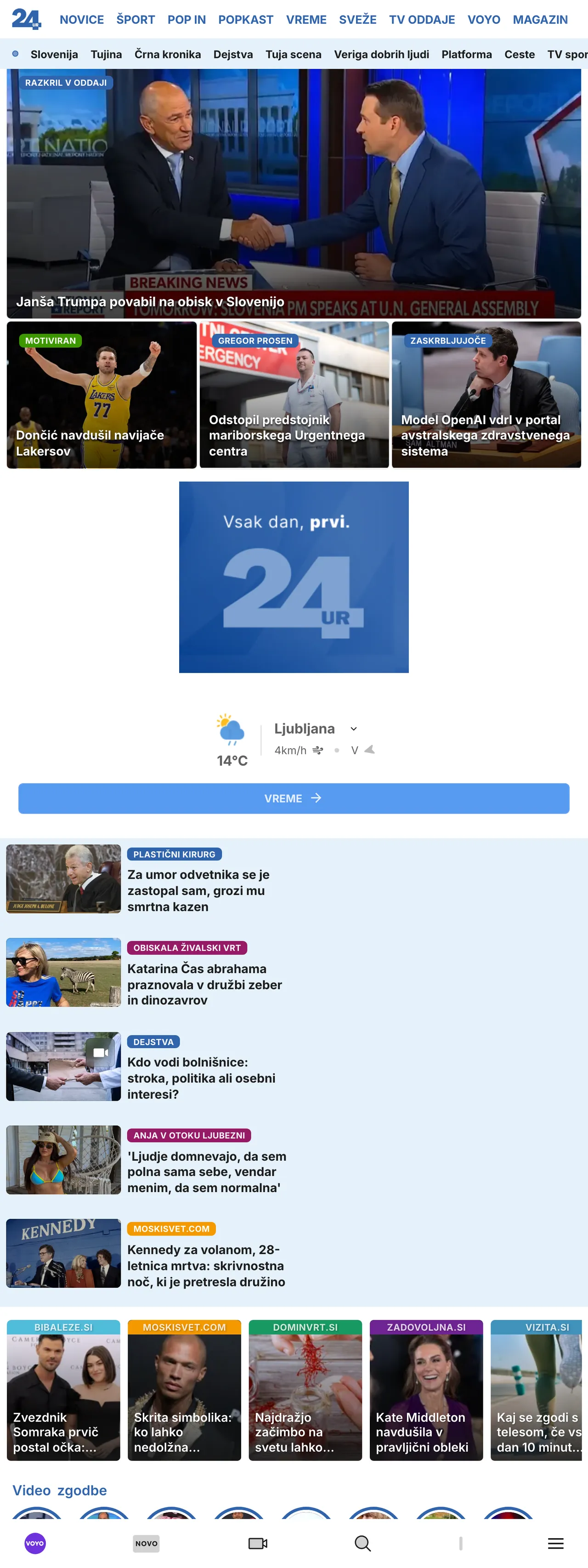 Screenshot of the 24ur front page