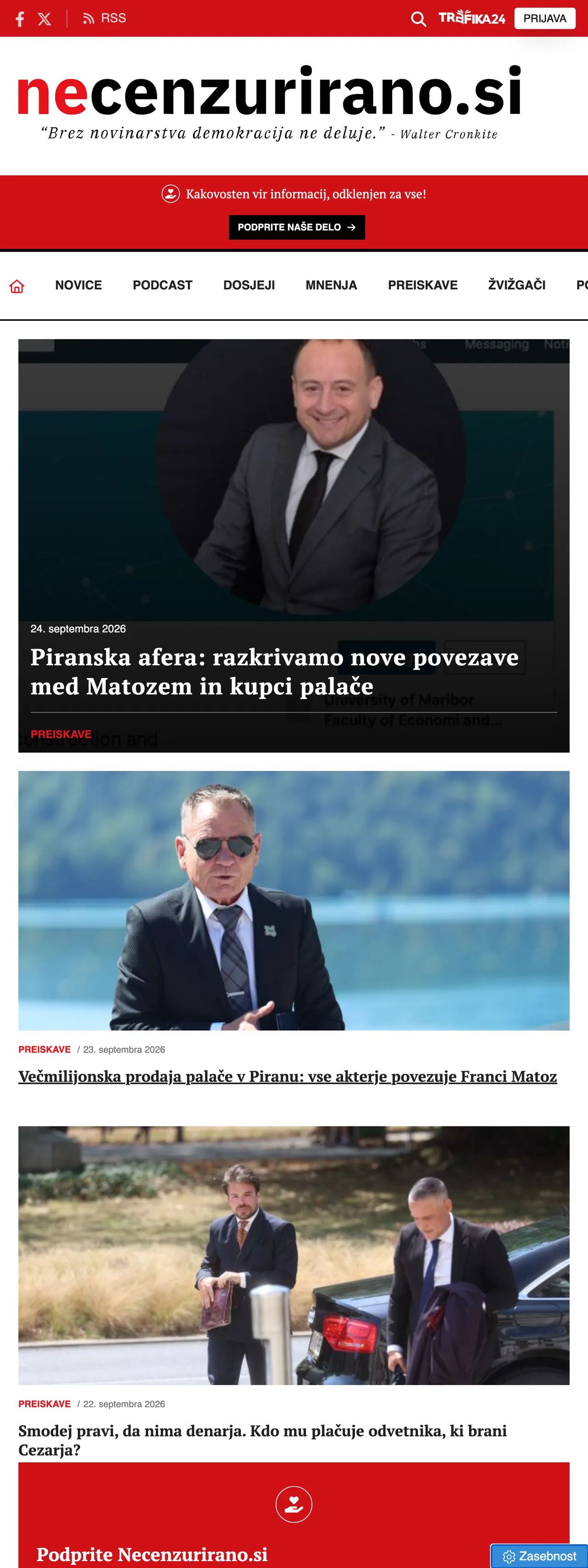 Screenshot of the Necenzurirano front page