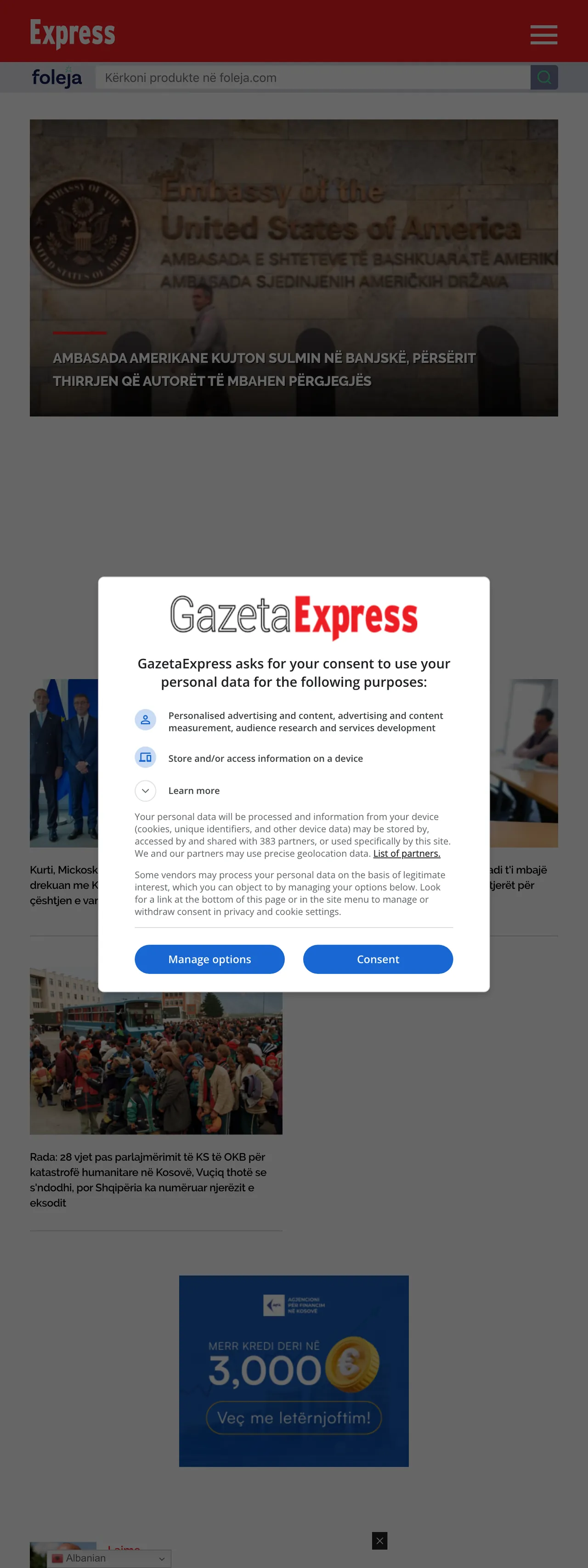 Screenshot of the Gazeta Express front page