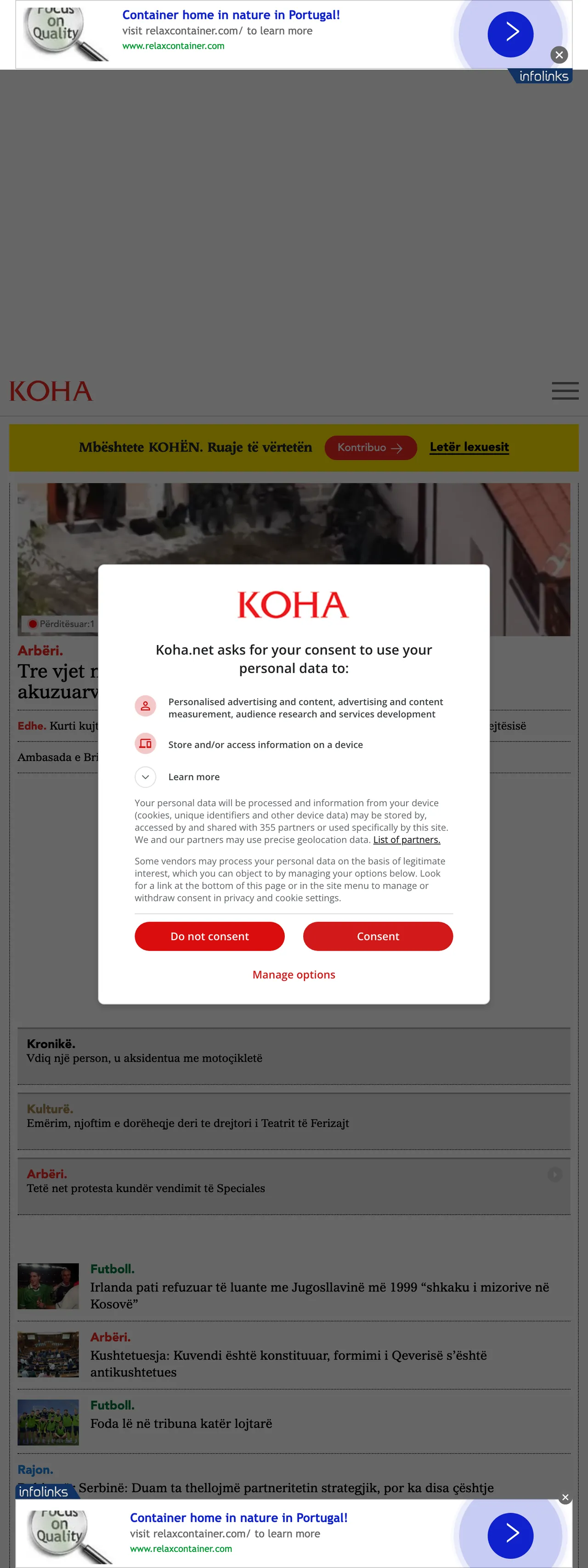 Screenshot of the Koha Ditore front page