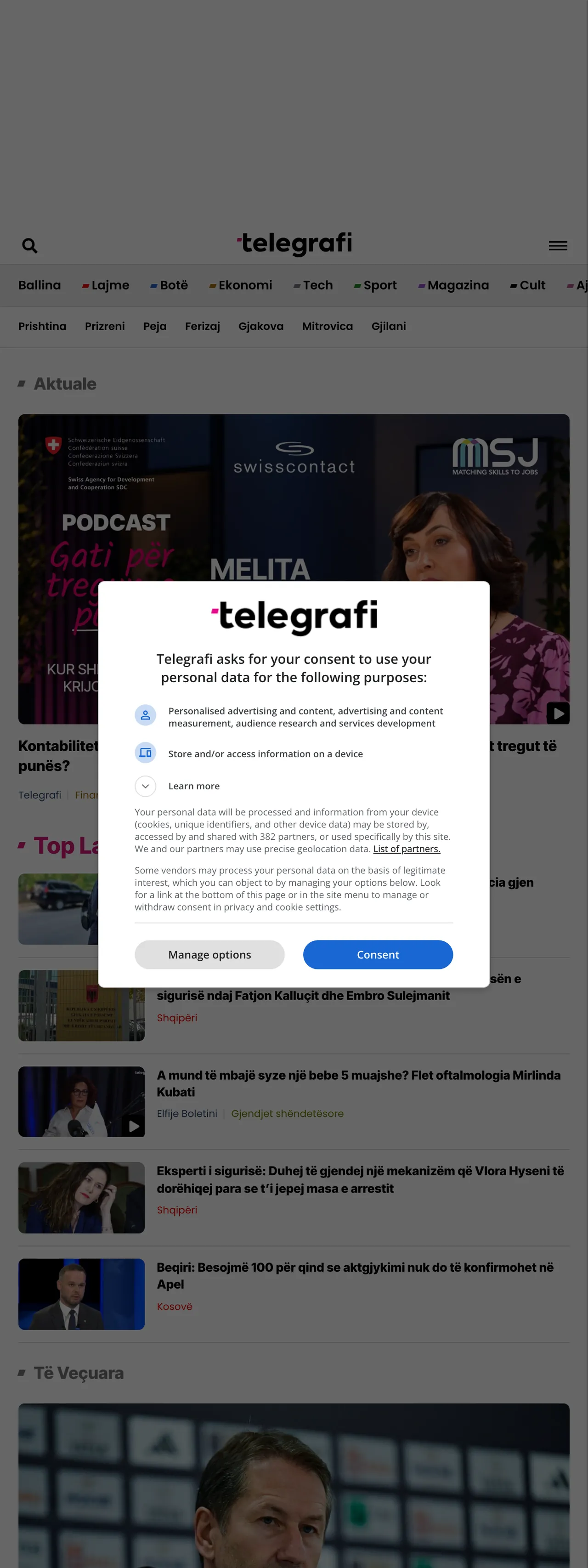 Screenshot of the Telegrafi front page