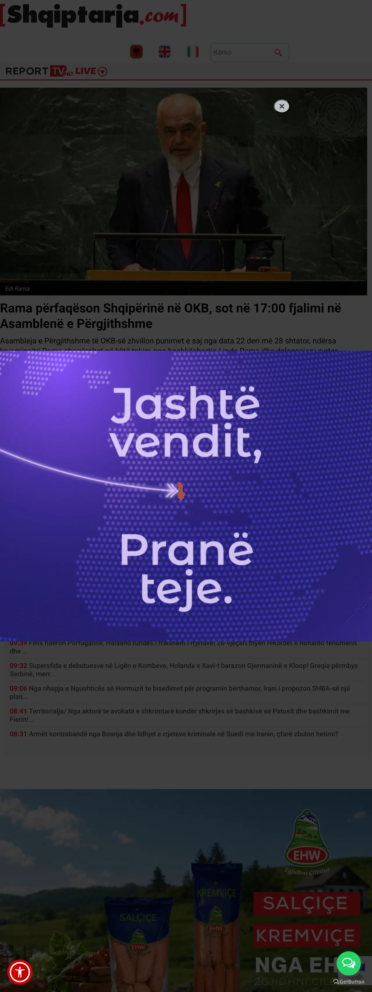 Screenshot of the Shqiptarja.com front page