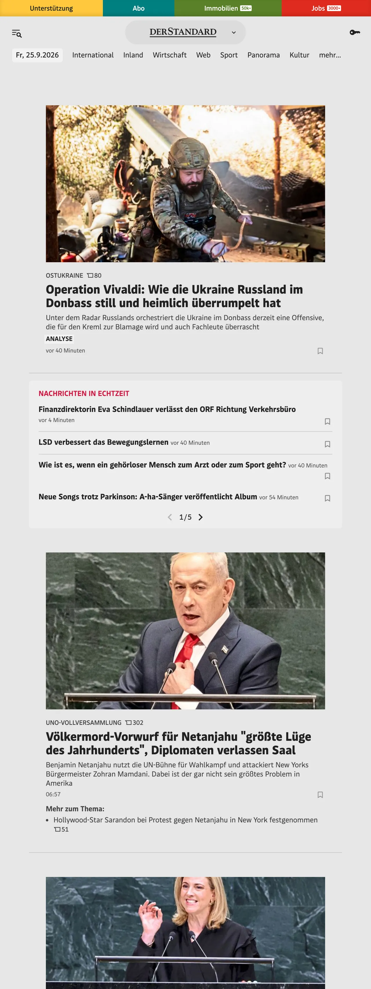 Screenshot of the DER STANDARD front page