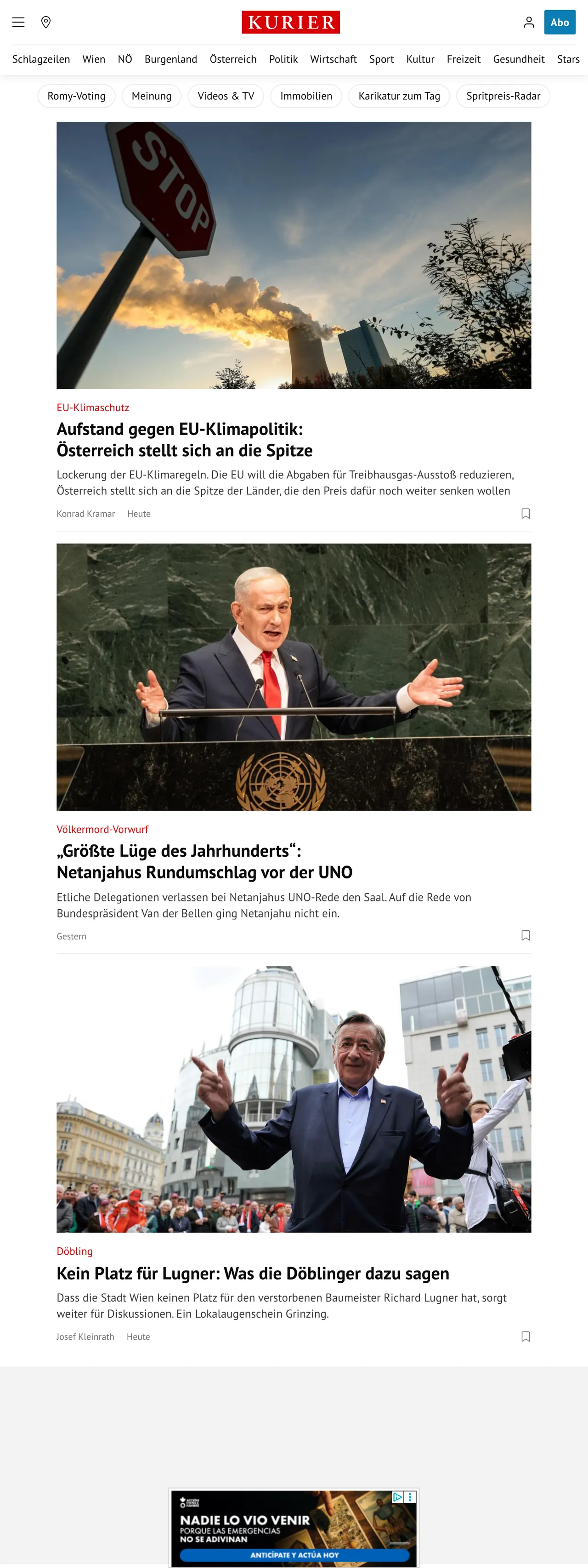 Screenshot of the Kurier front page