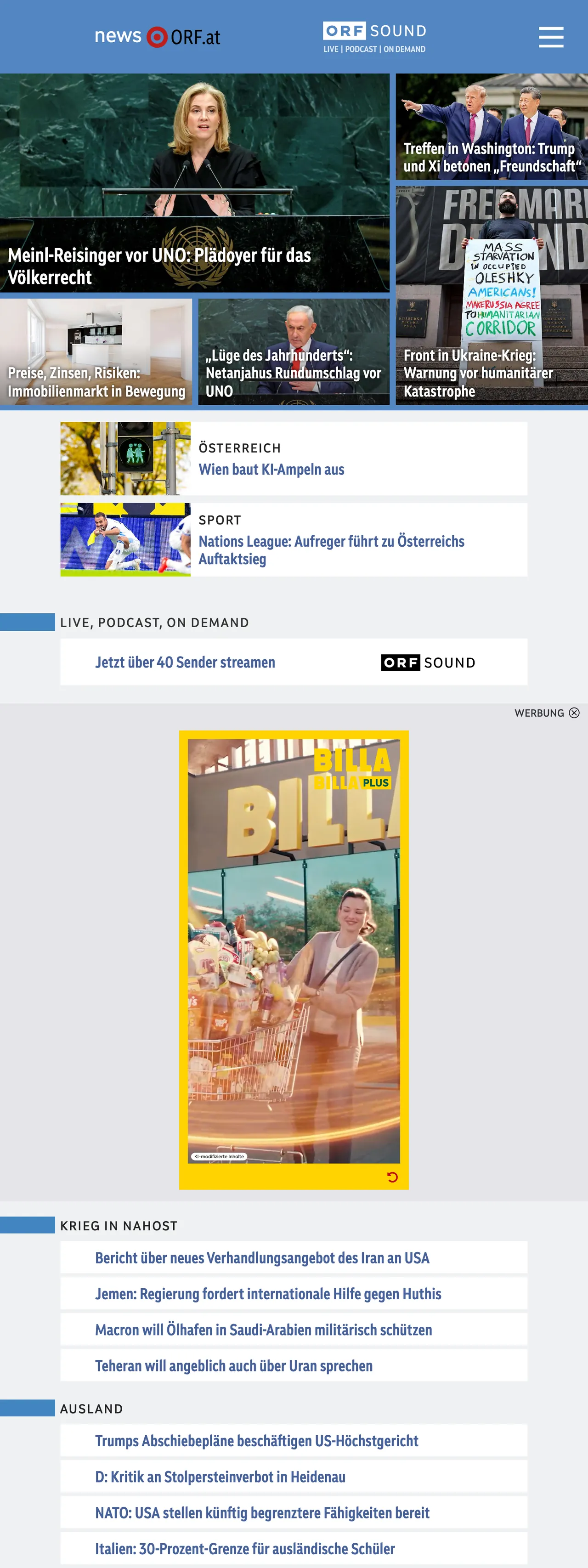 Screenshot of the ORF front page