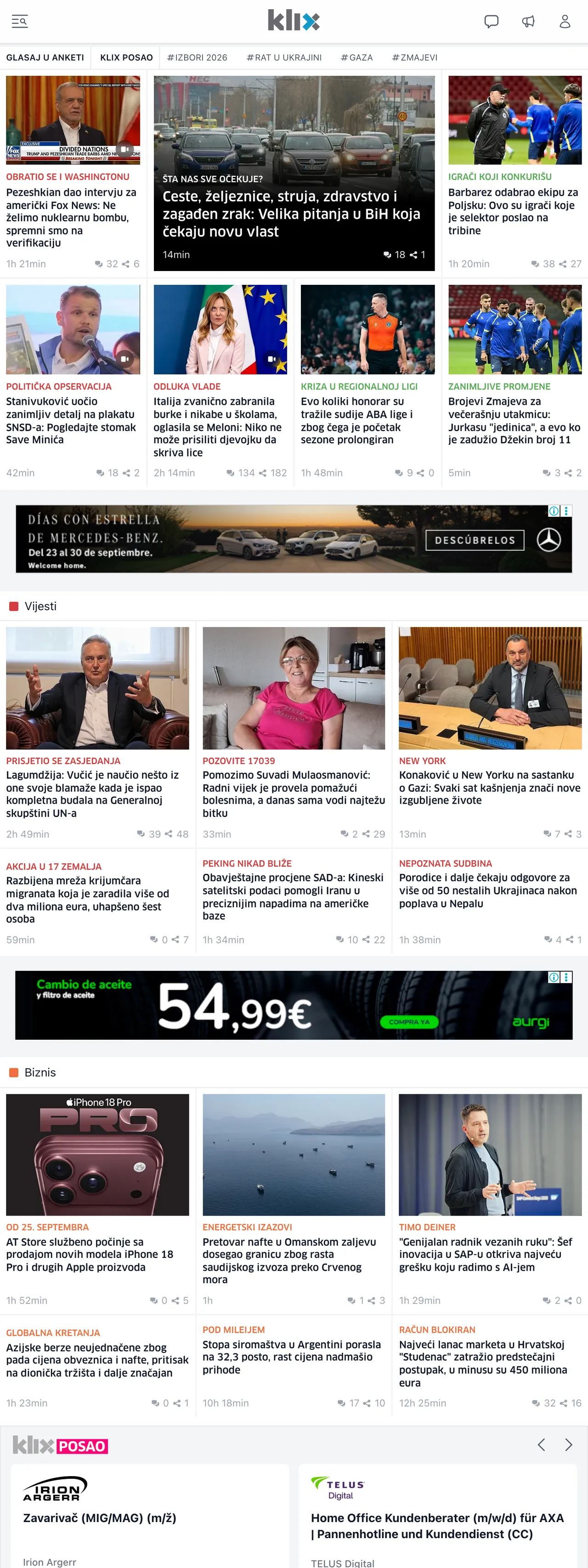 Screenshot of the Klix.ba front page
