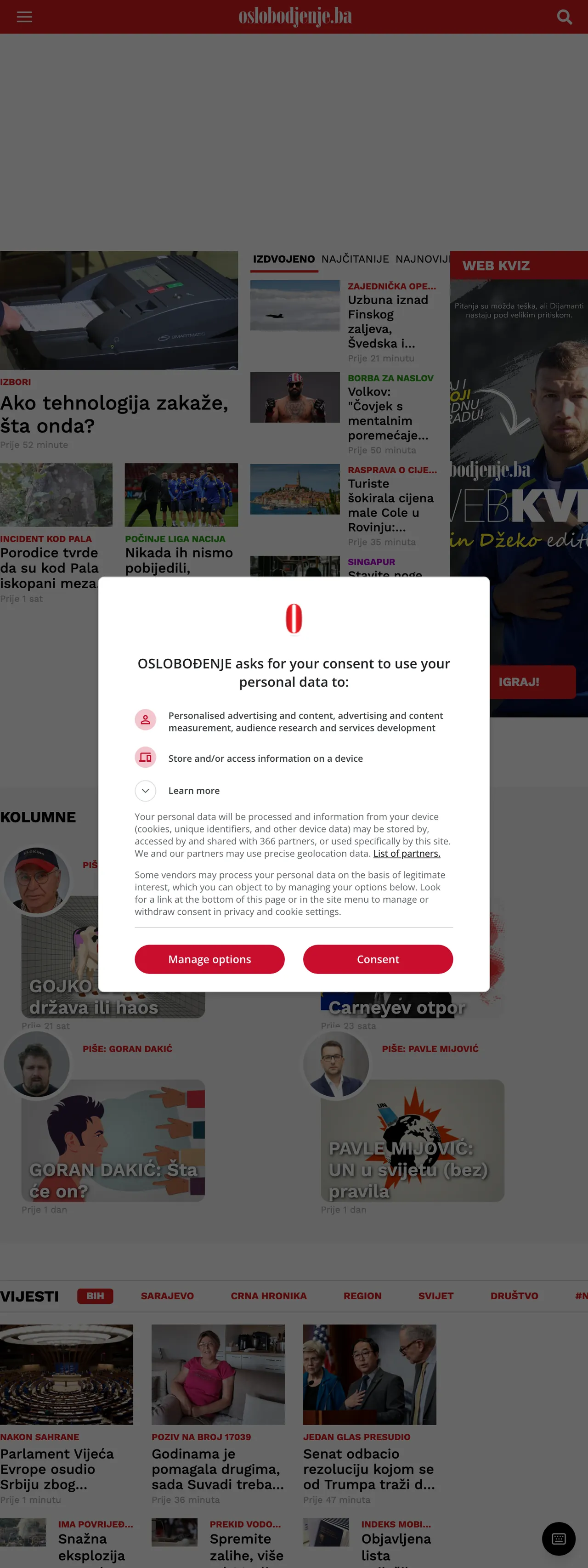 Screenshot of the Oslobođenje front page