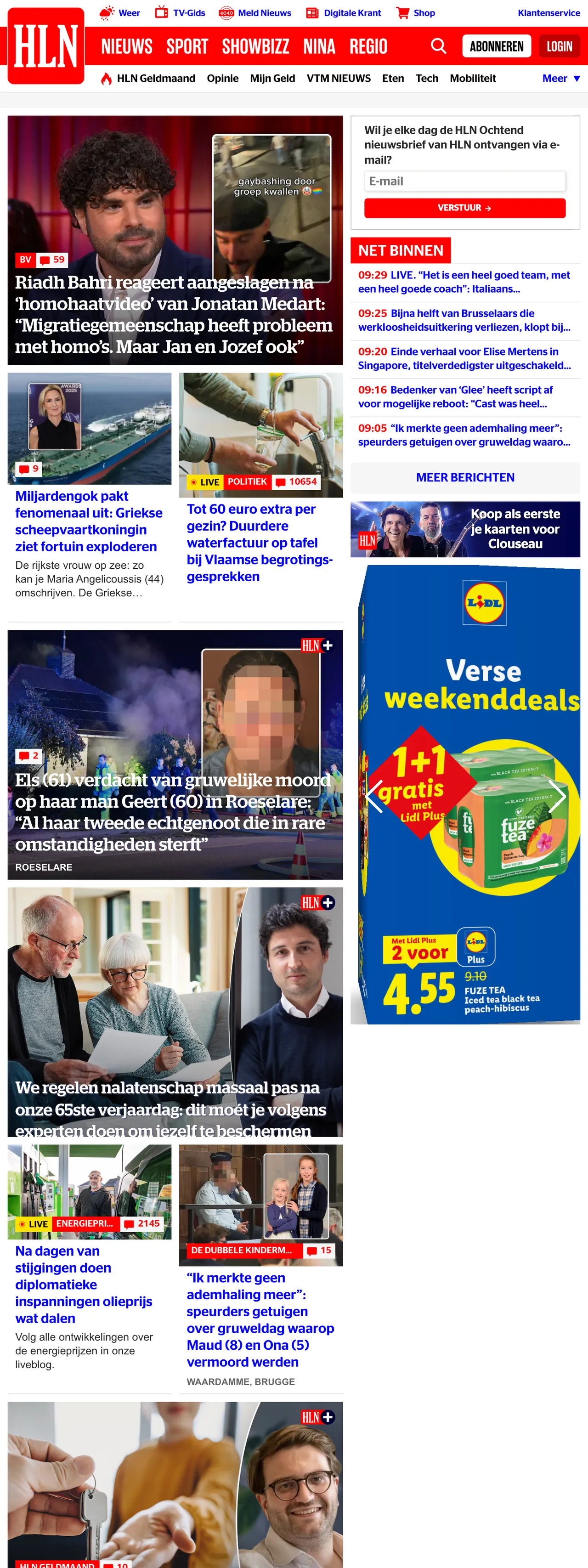 Screenshot of the HLN front page
