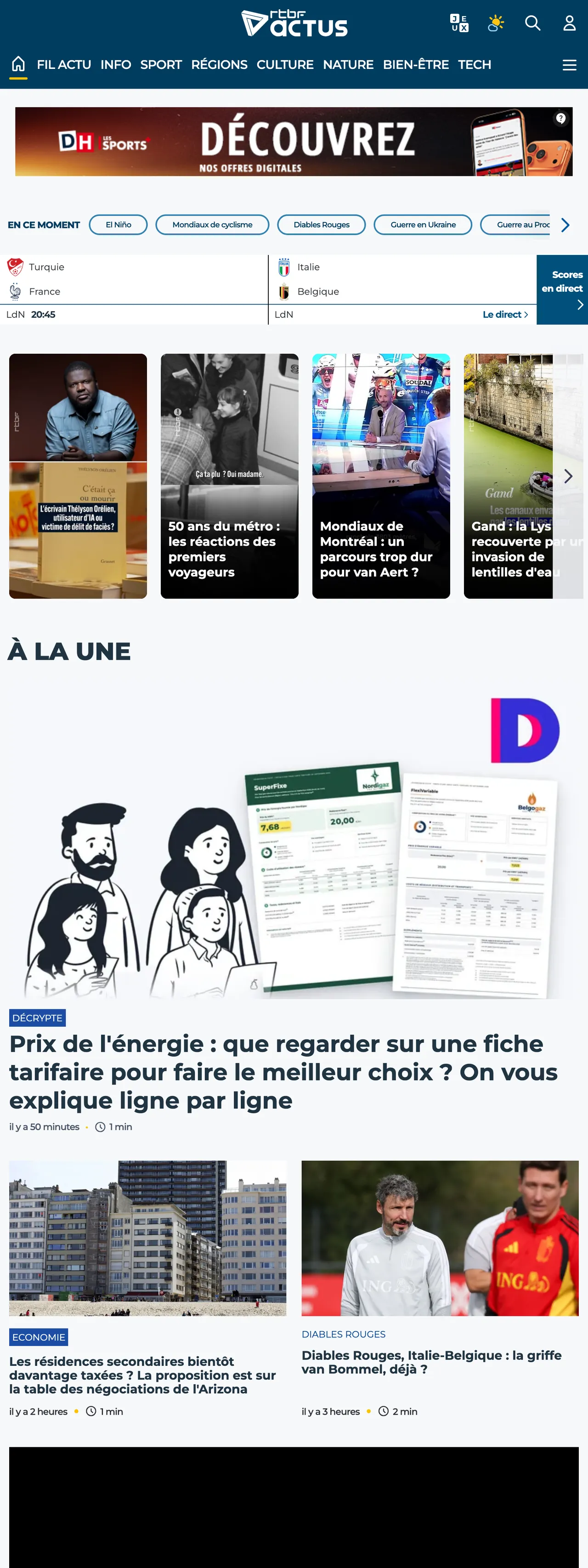 Screenshot of the RTBF front page