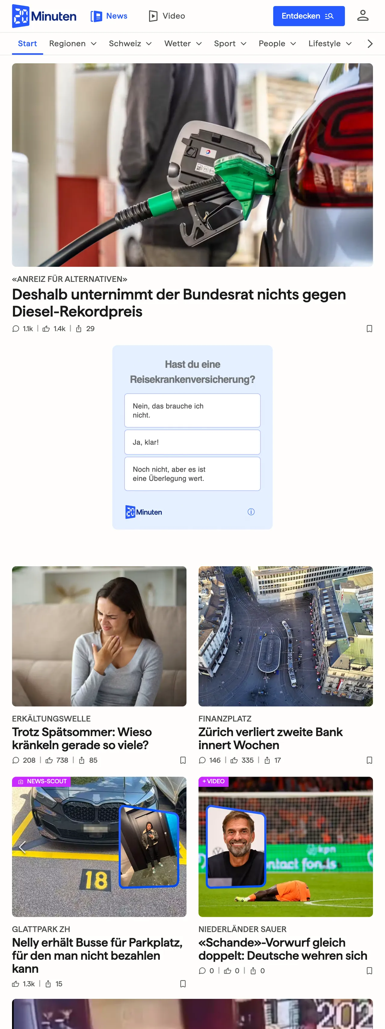 Screenshot of the 20 Minuten front page