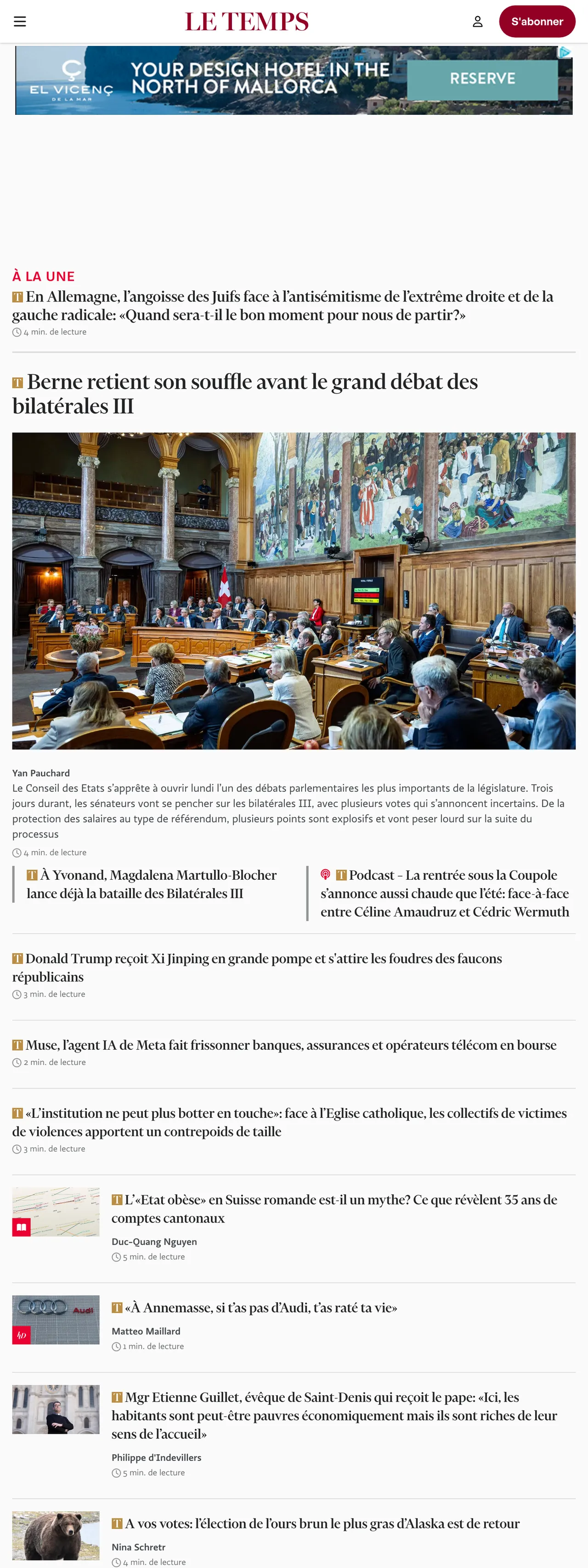 Screenshot of the Le Temps front page