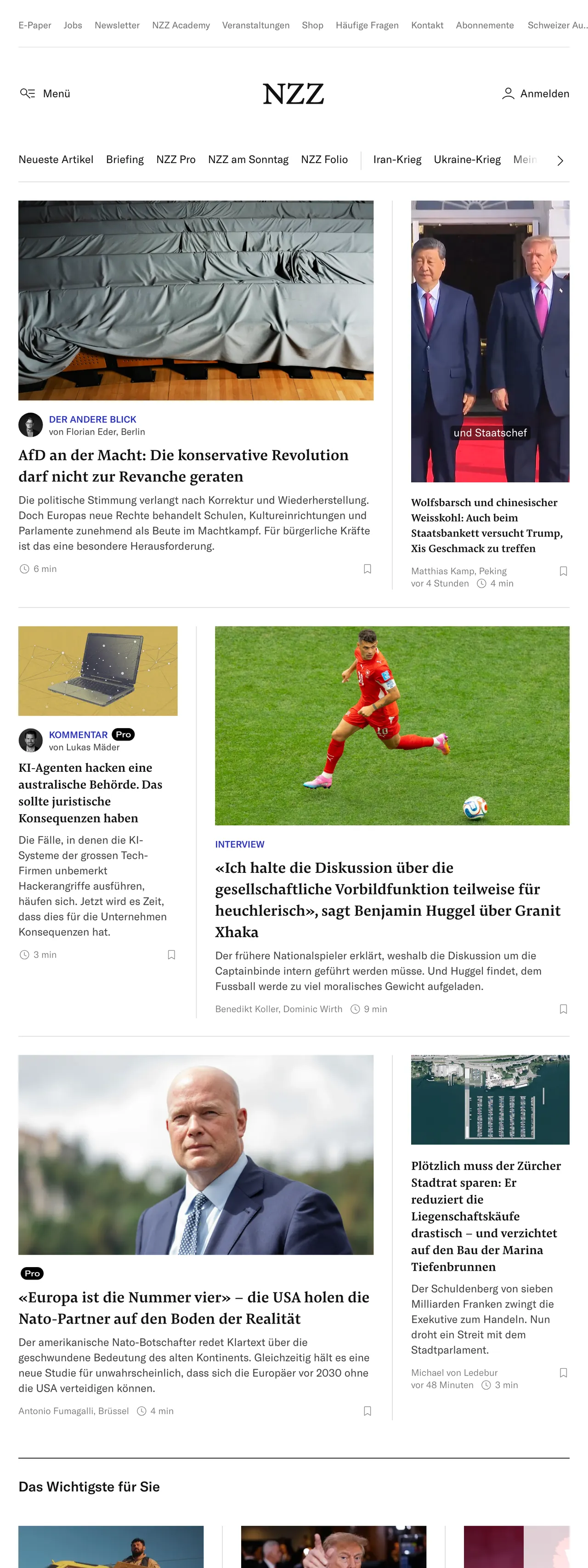 Screenshot of the Neue Zürcher Zeitung front page
