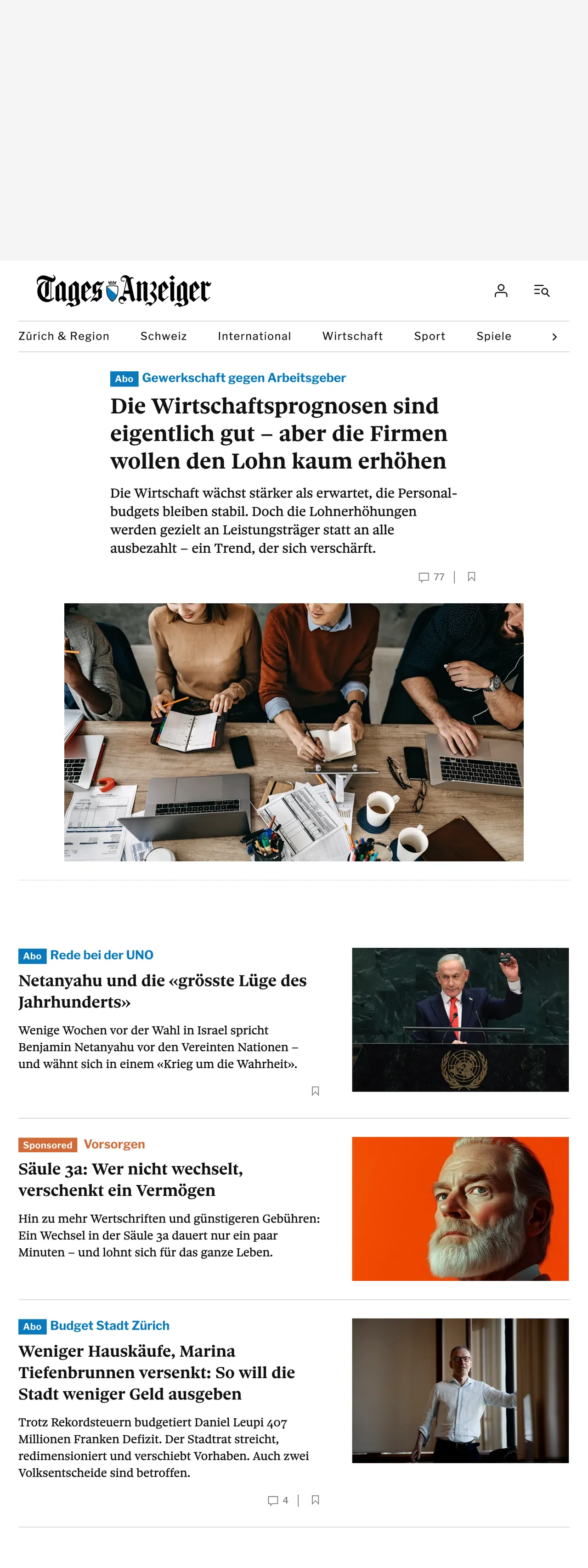 Screenshot of the Tages-Anzeiger front page