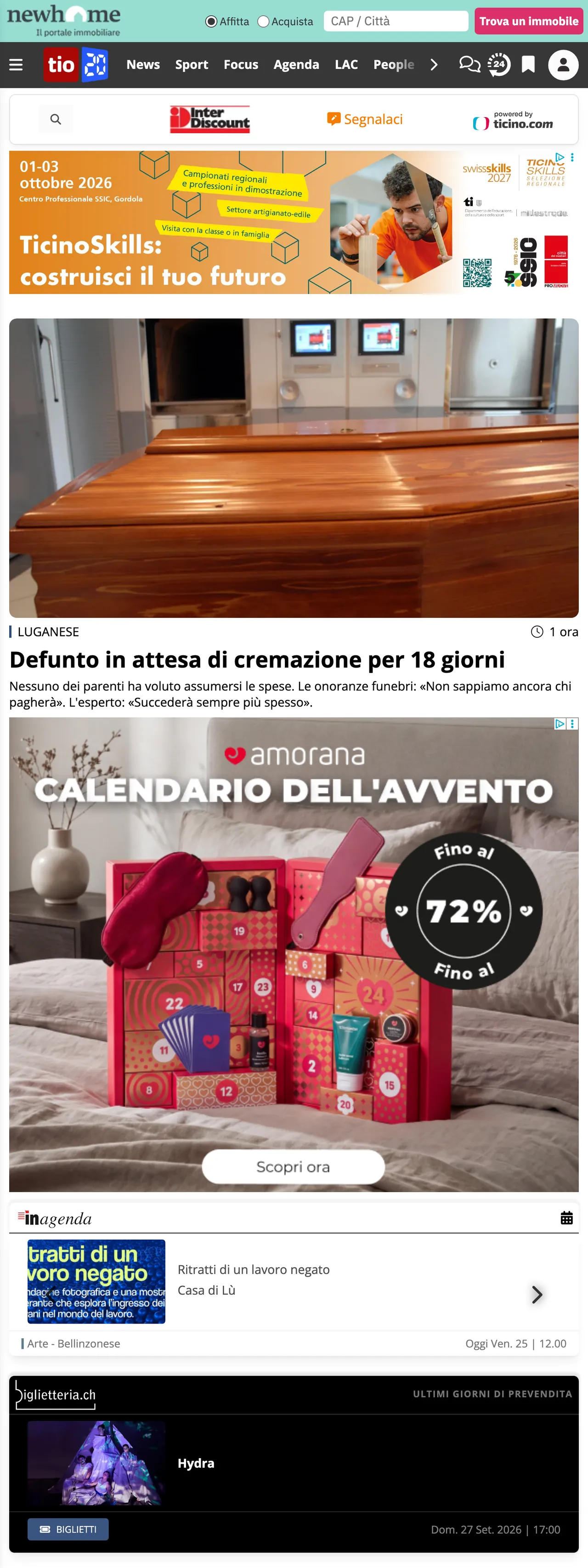 Screenshot of the Ticinonline front page