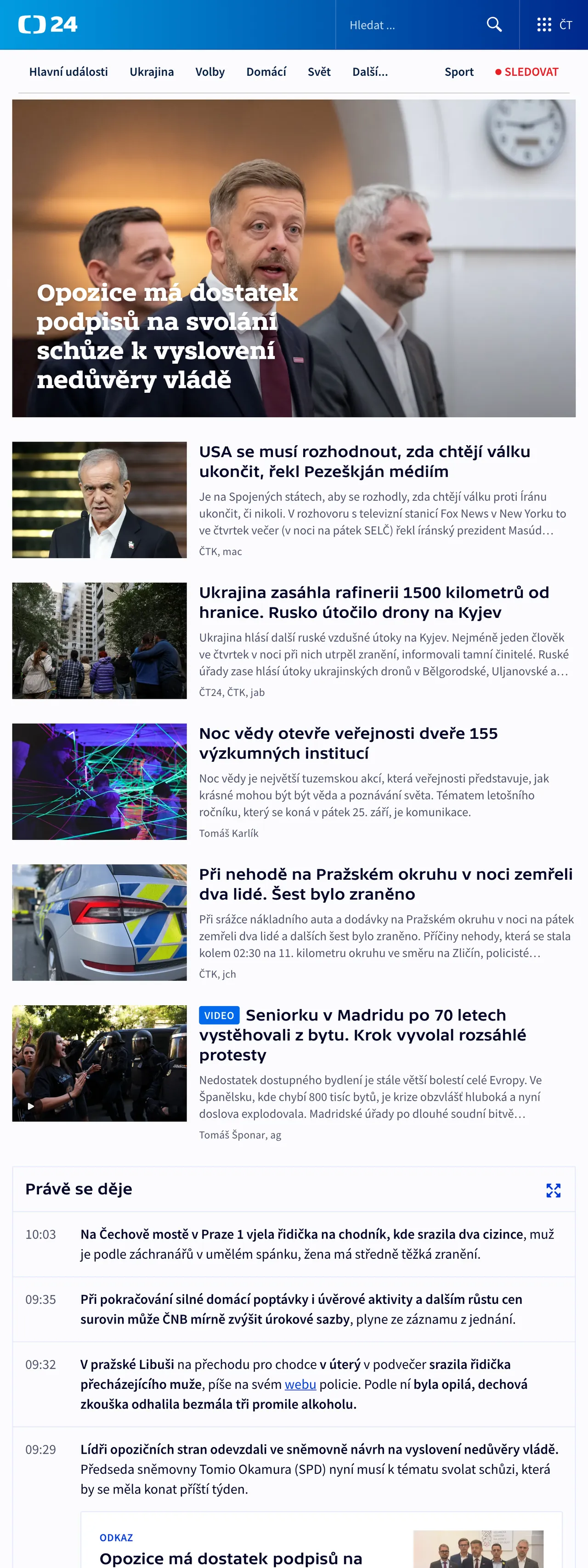 Screenshot of the ČT24 front page