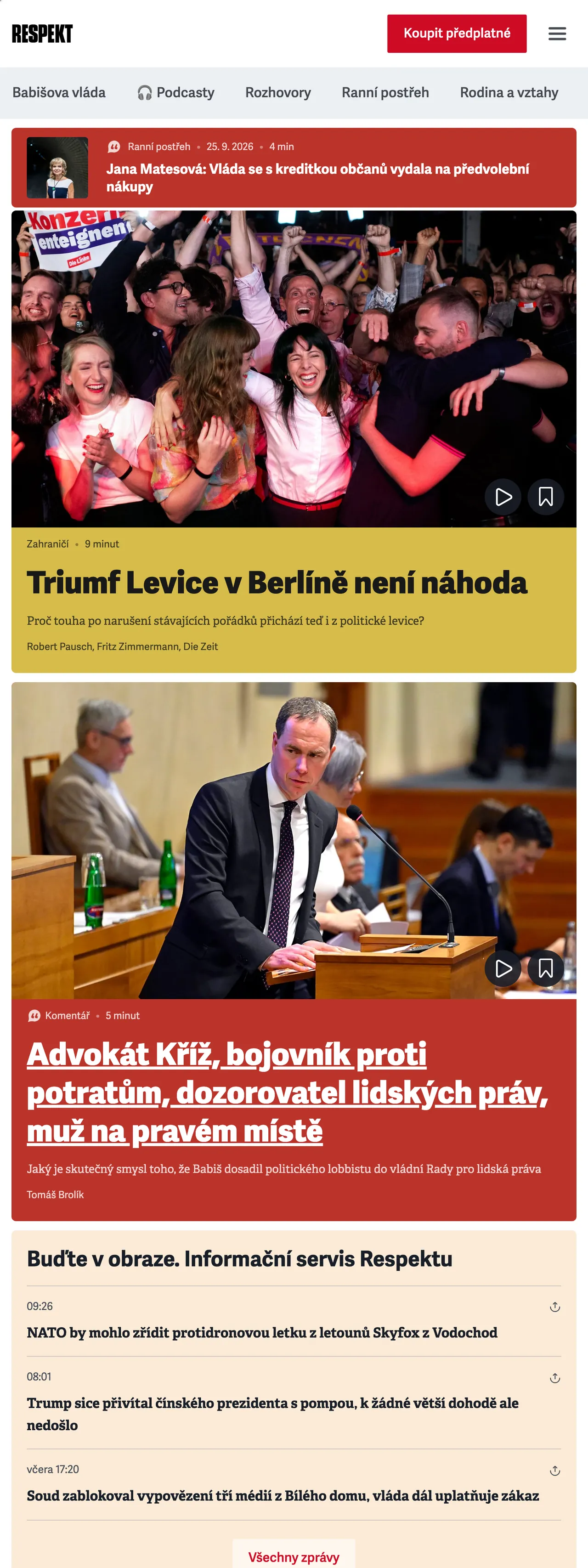 Screenshot of the Respekt front page