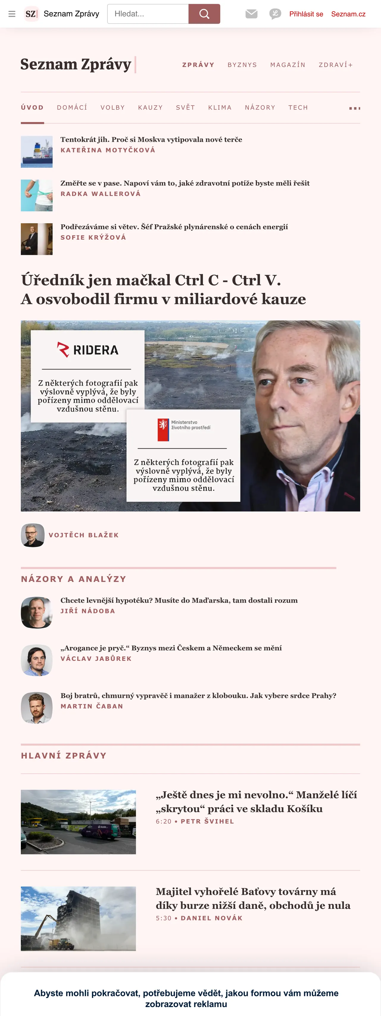 Screenshot of the Seznam Zprávy front page