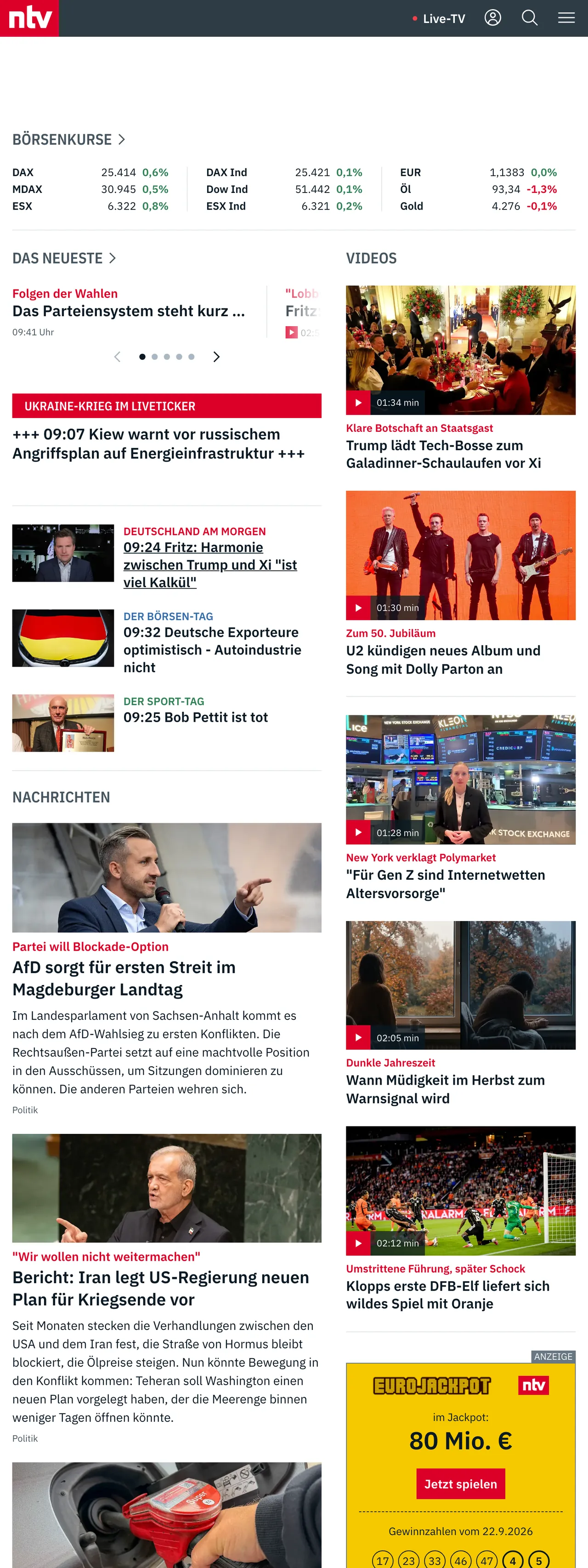 Screenshot of the n-tv front page