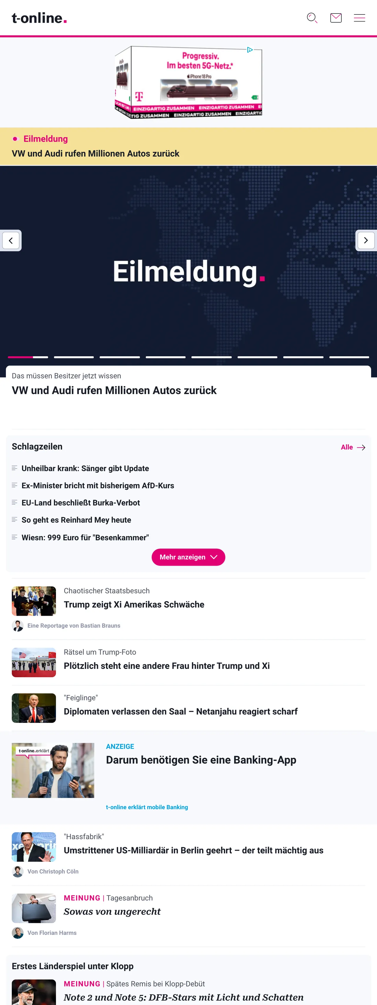 Screenshot of the t-online front page