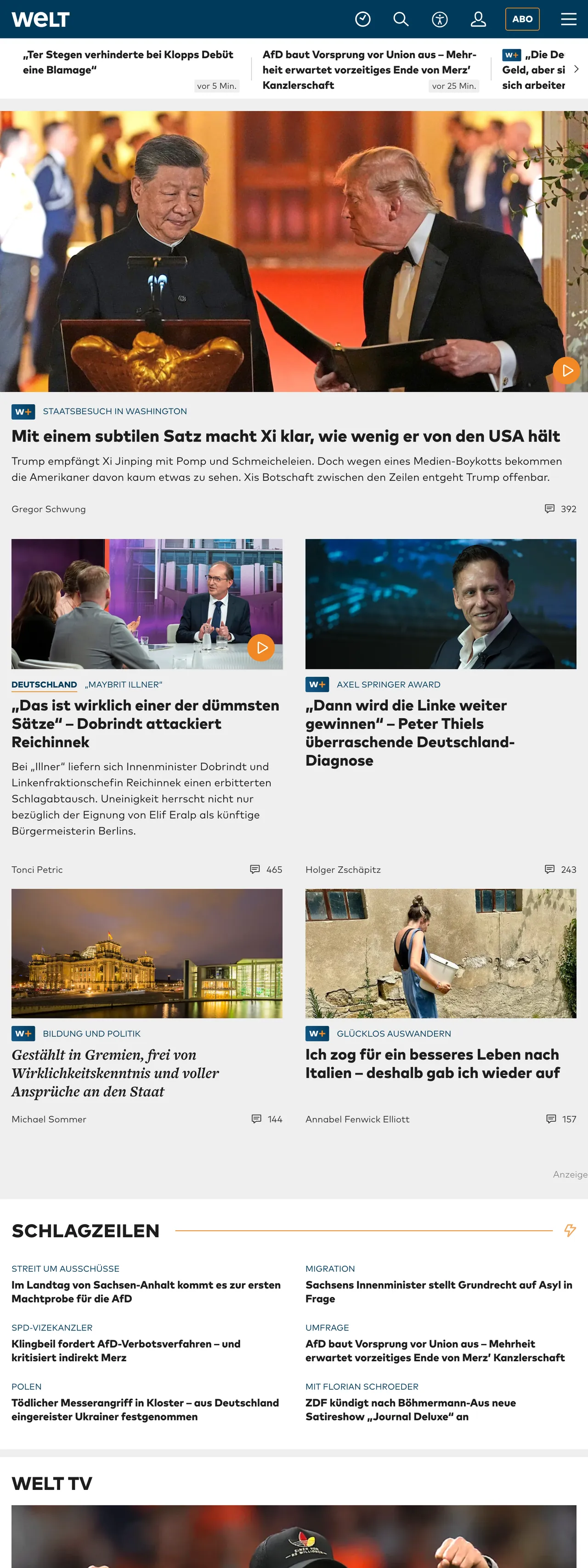 Screenshot of the WELT front page