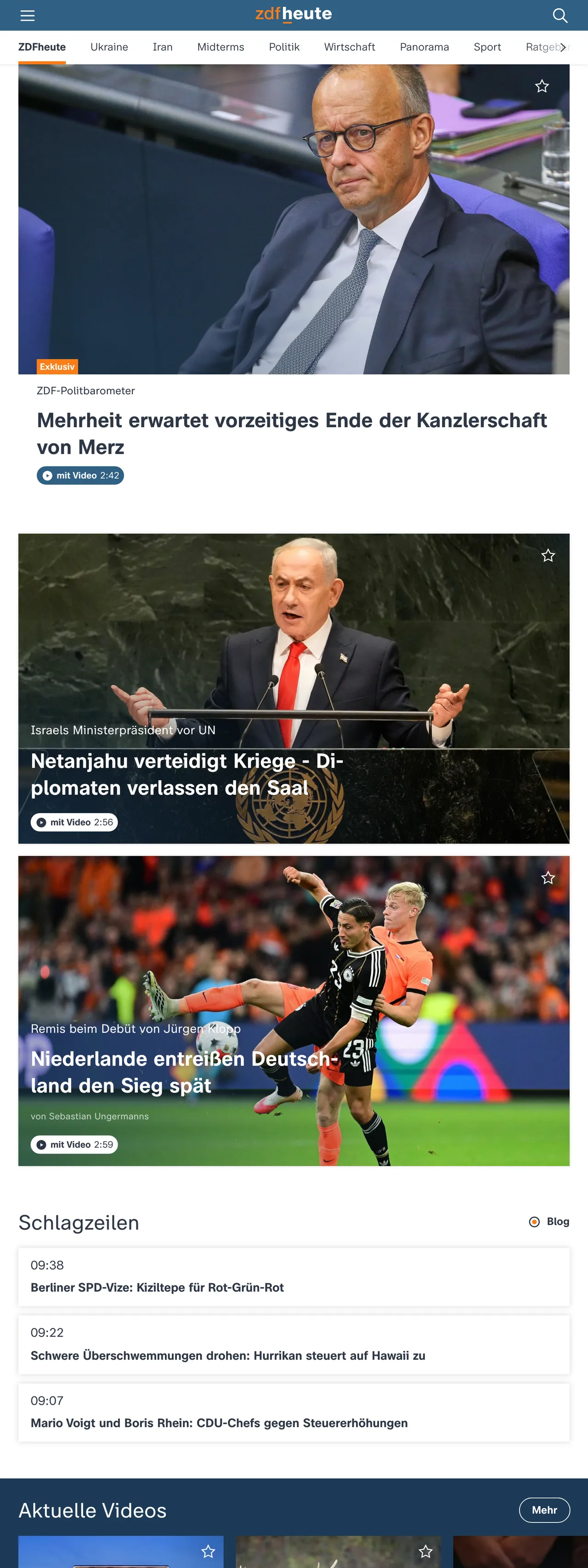 Screenshot of the ZDFheute front page