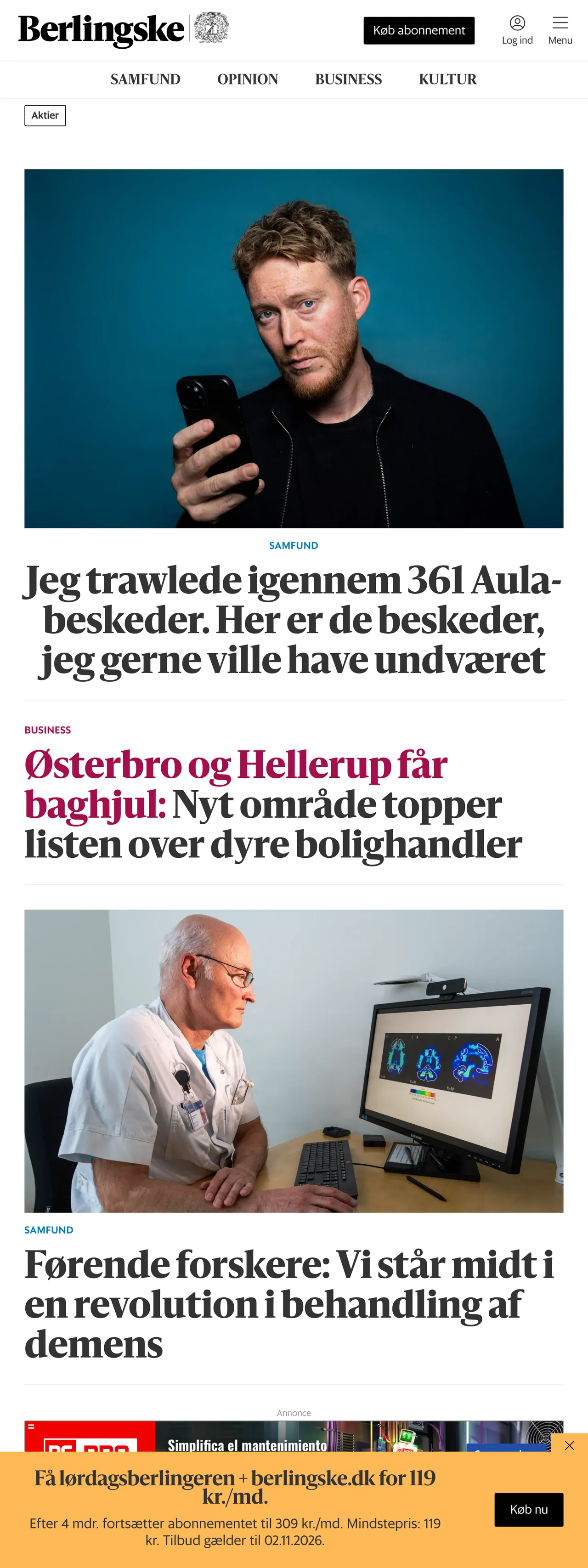 Screenshot of the Berlingske front page