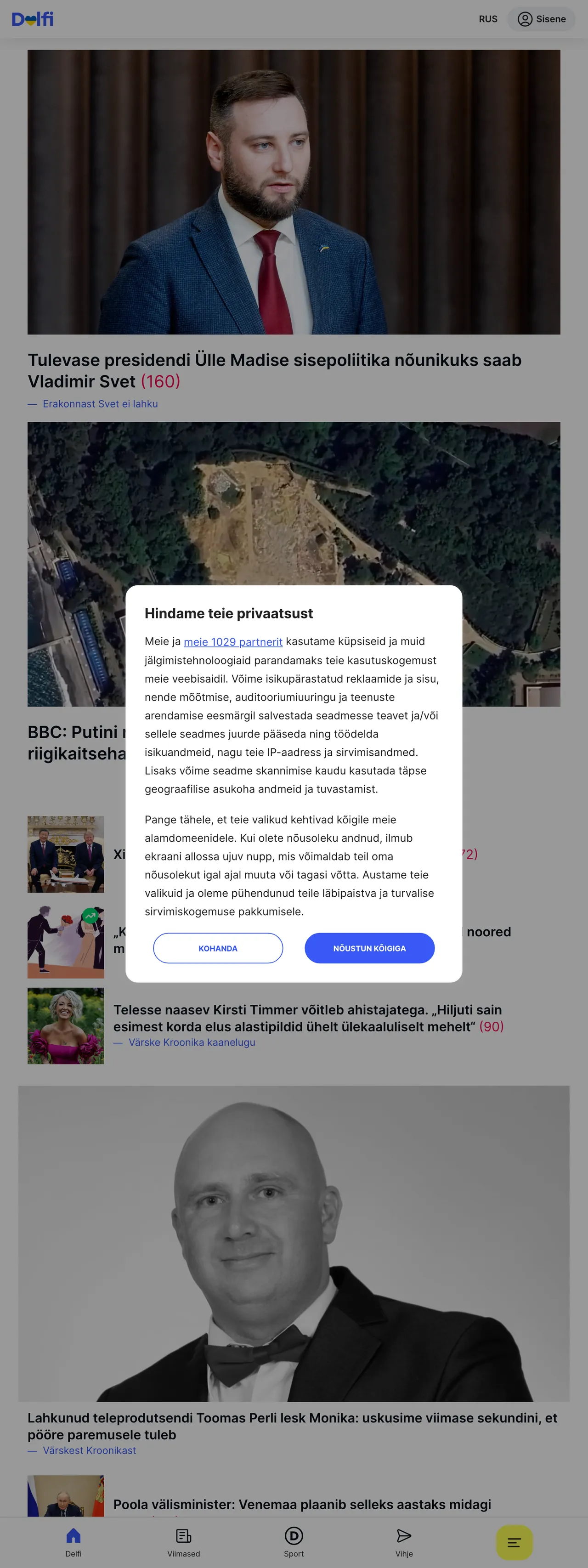 Screenshot of the Delfi front page