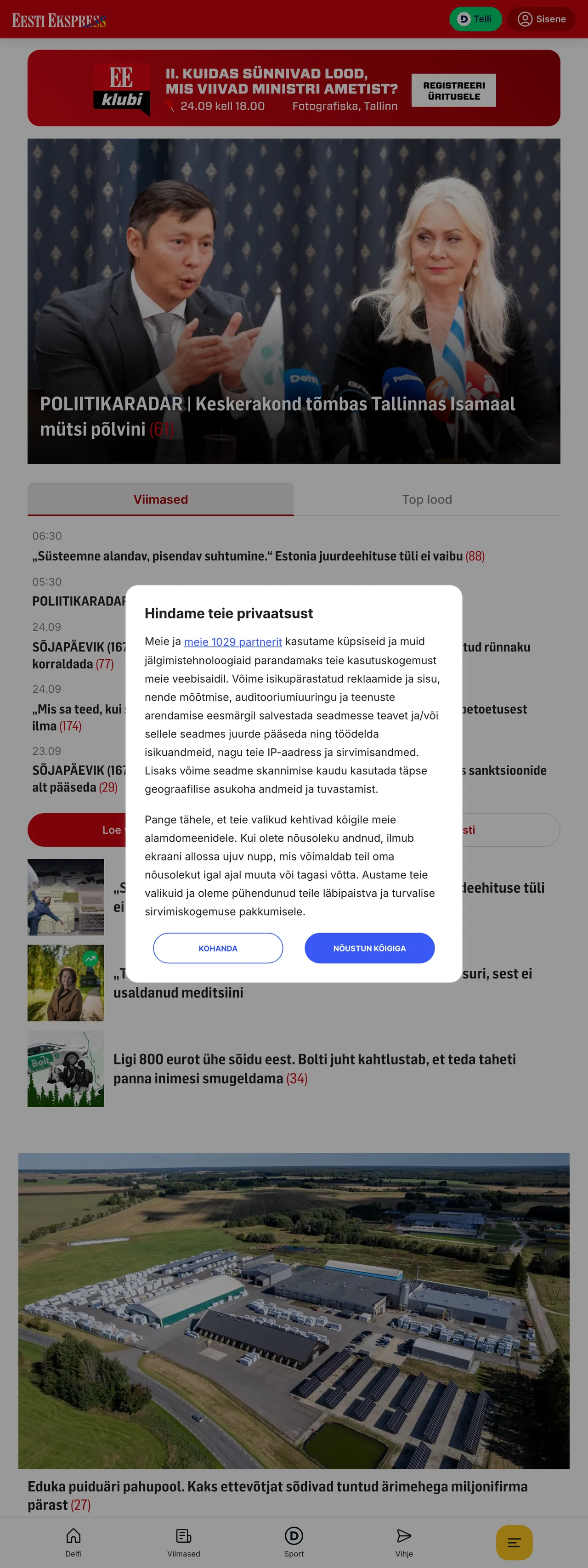 Screenshot of the Eesti Ekspress front page
