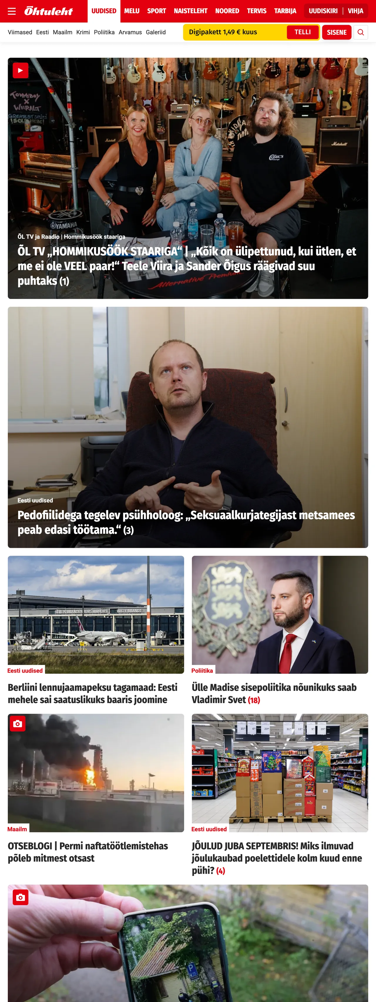 Screenshot of the Õhtuleht front page