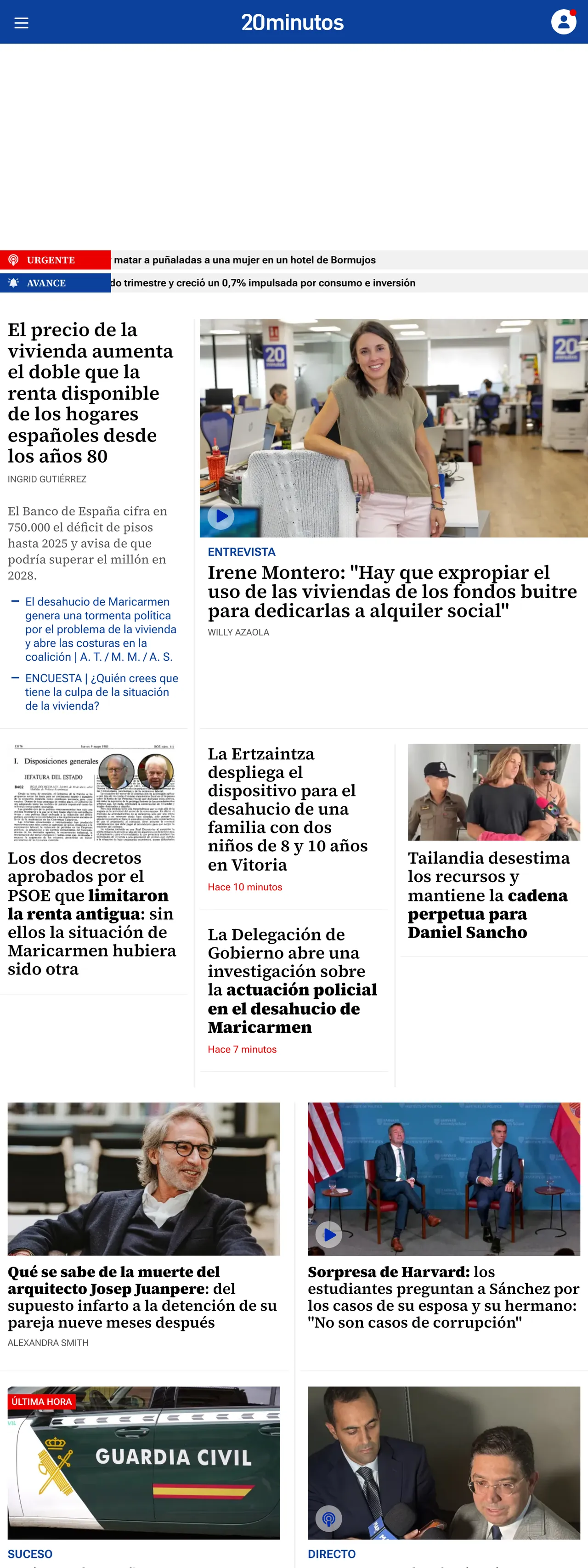 Screenshot of the 20minutos front page