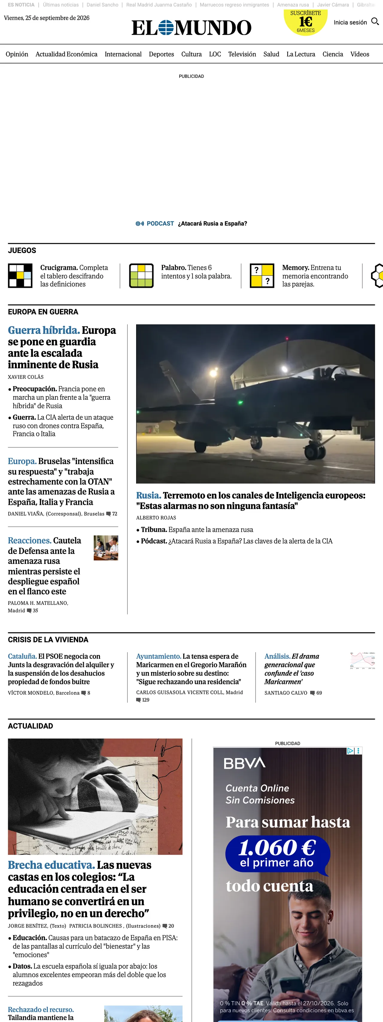 Screenshot of the El Mundo front page