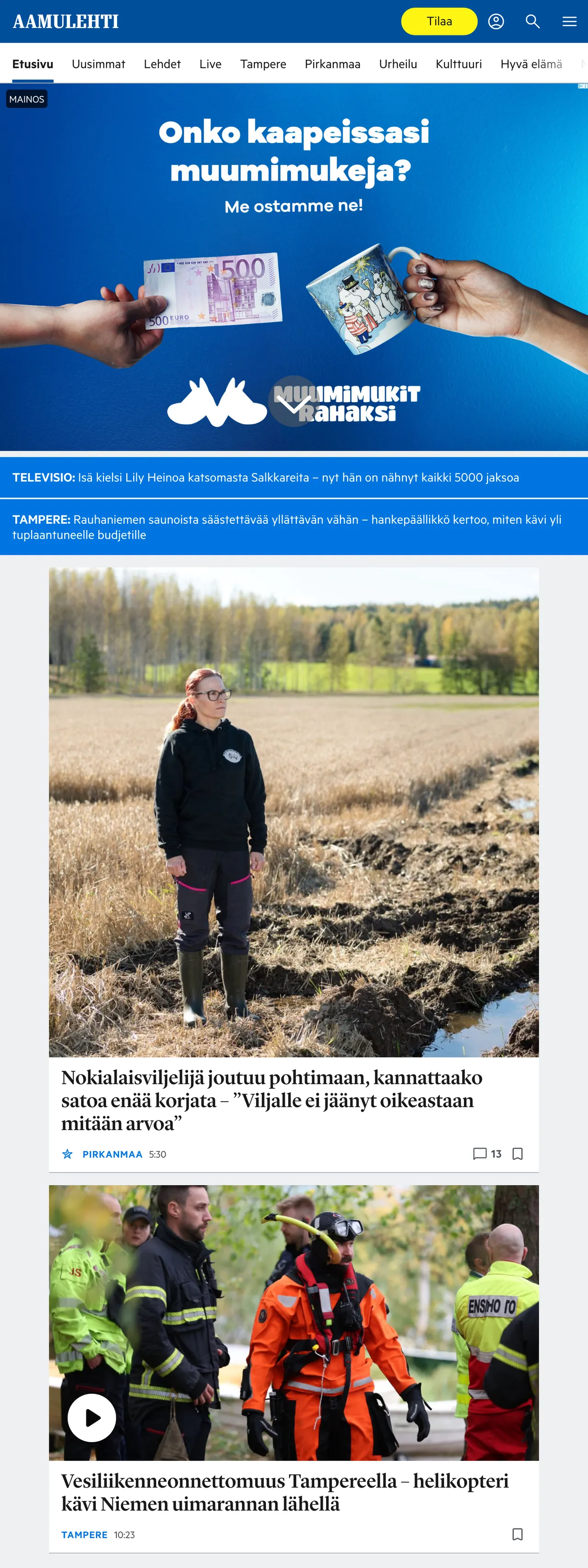 Screenshot of the Aamulehti front page