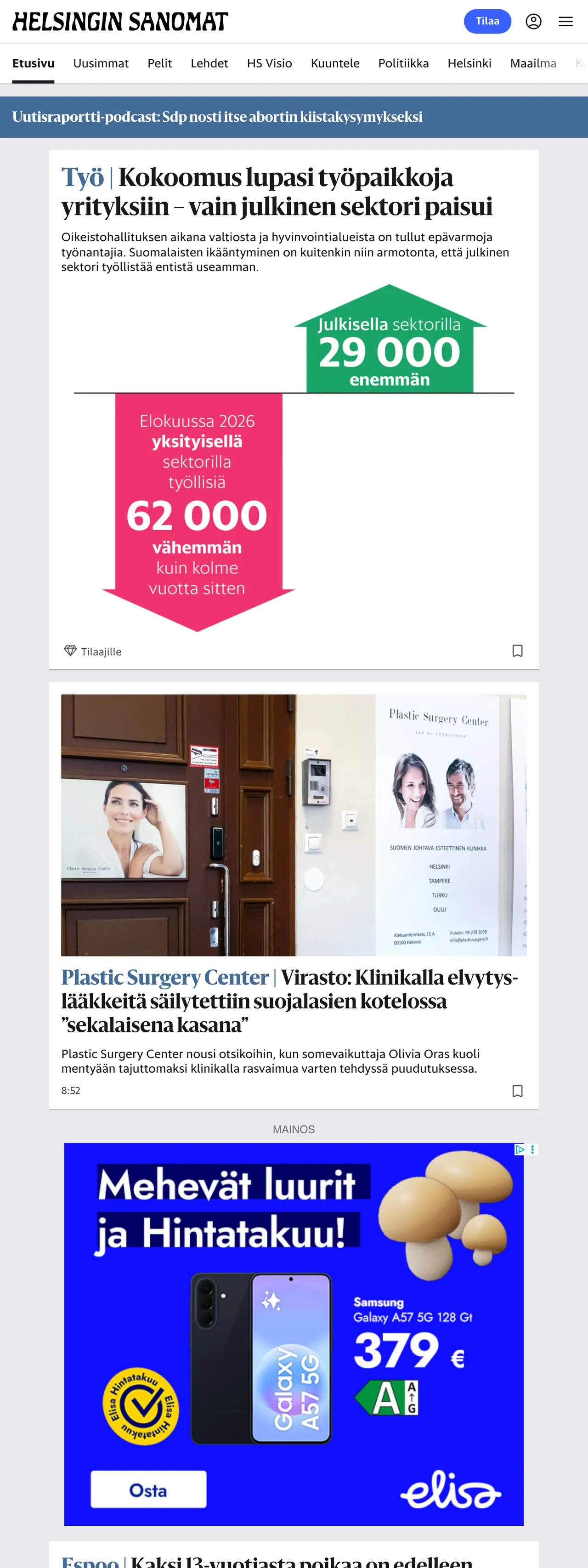 Screenshot of the Helsingin Sanomat front page