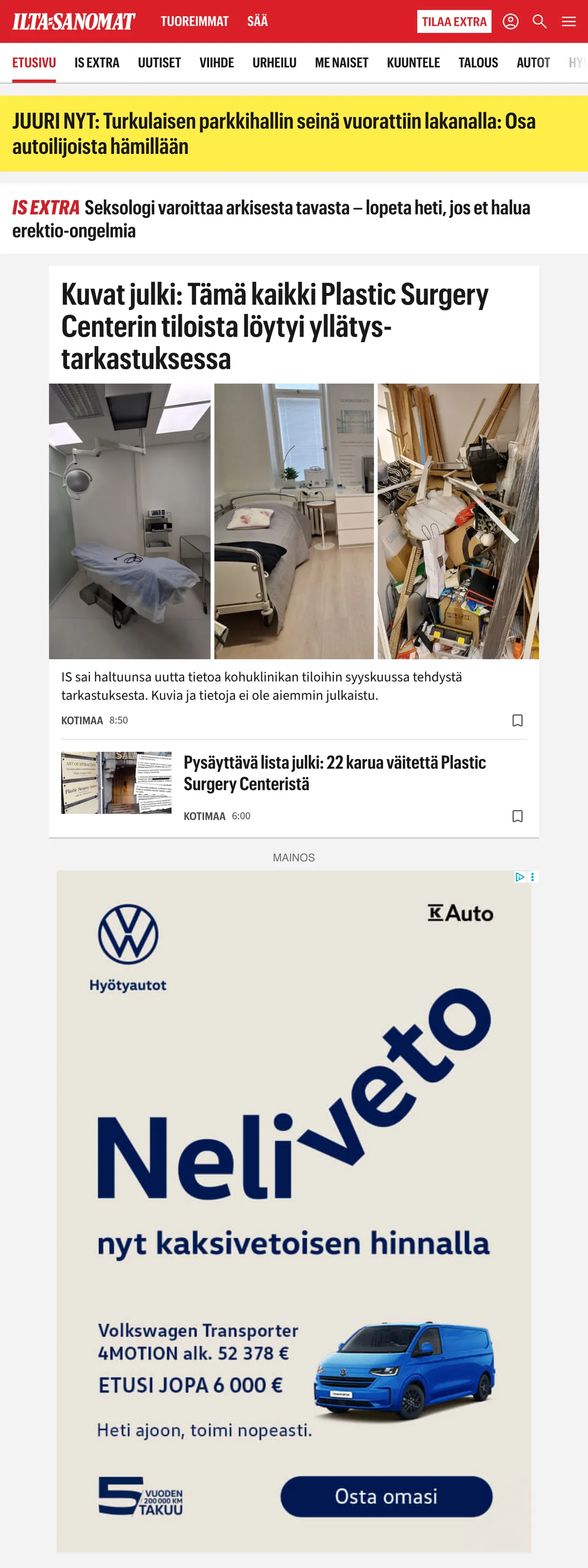 Screenshot of the Ilta-Sanomat front page