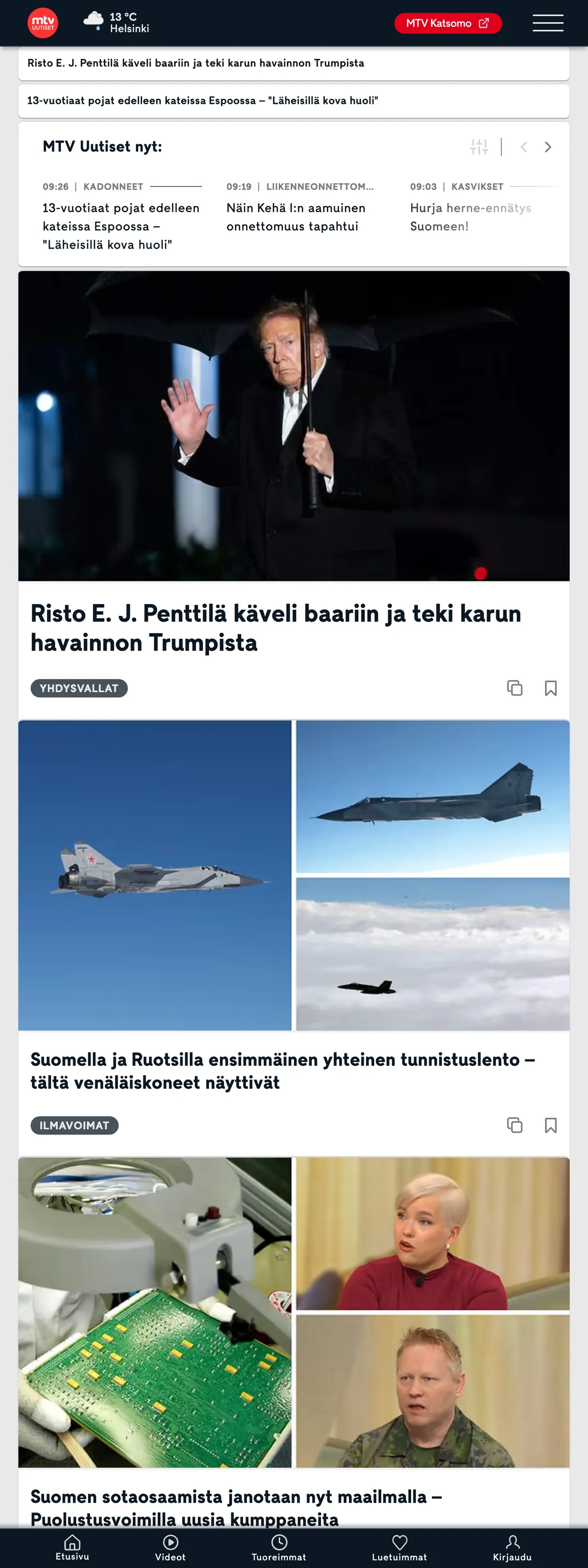 Screenshot of the MTV Uutiset front page